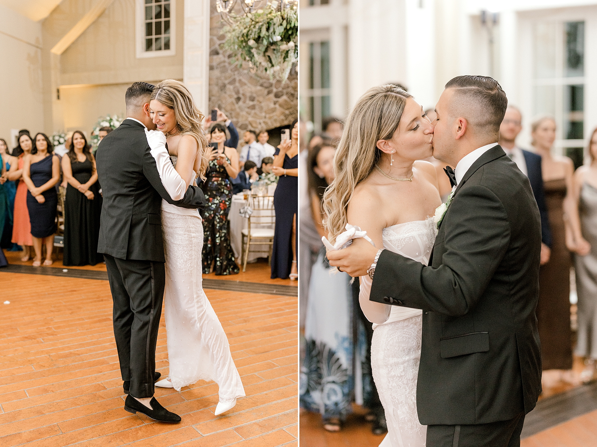 bride and groom dance together and kiss at Ryland Inn