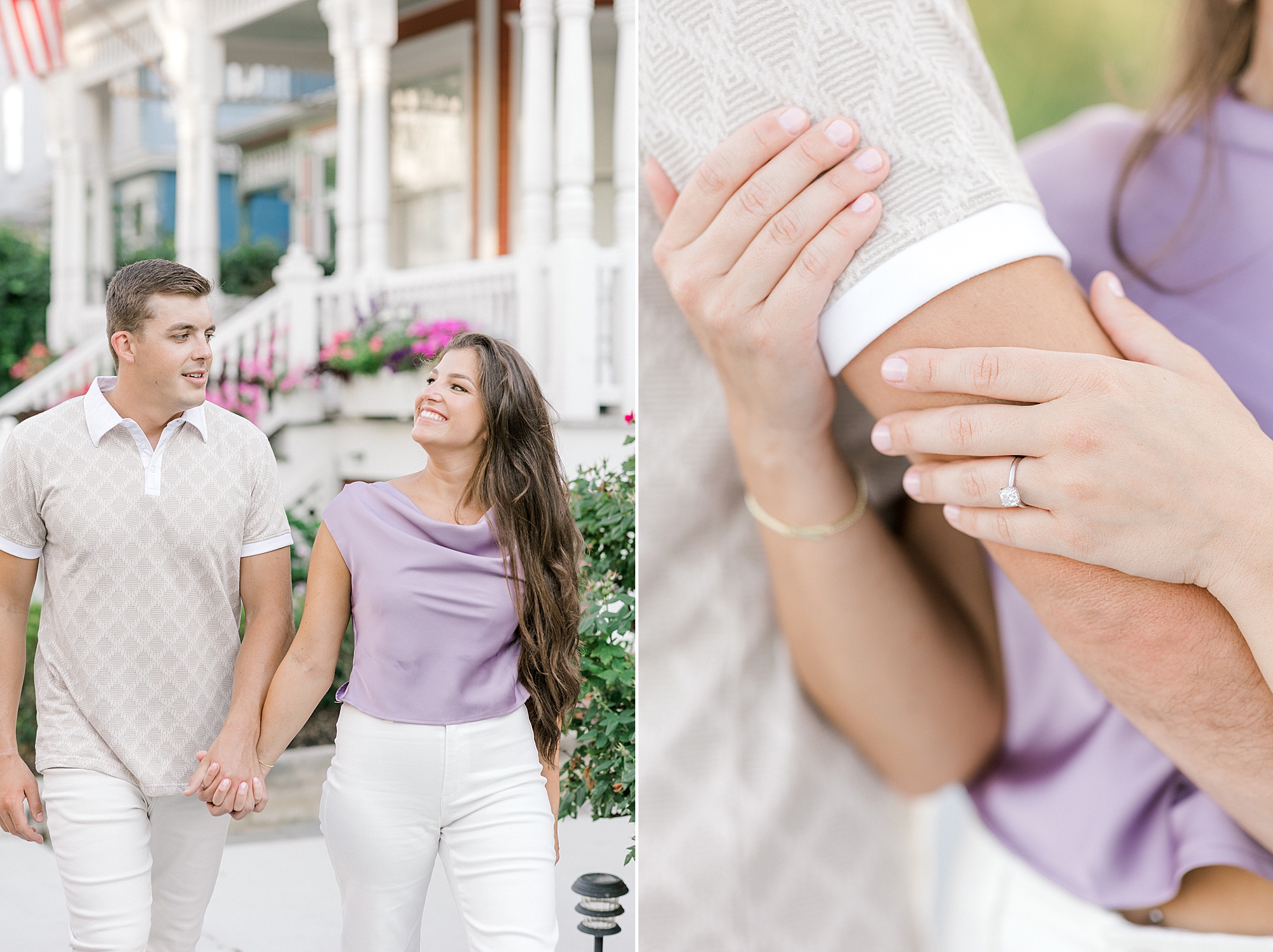 woman holds hands with man holding his arm showing off engagement ring