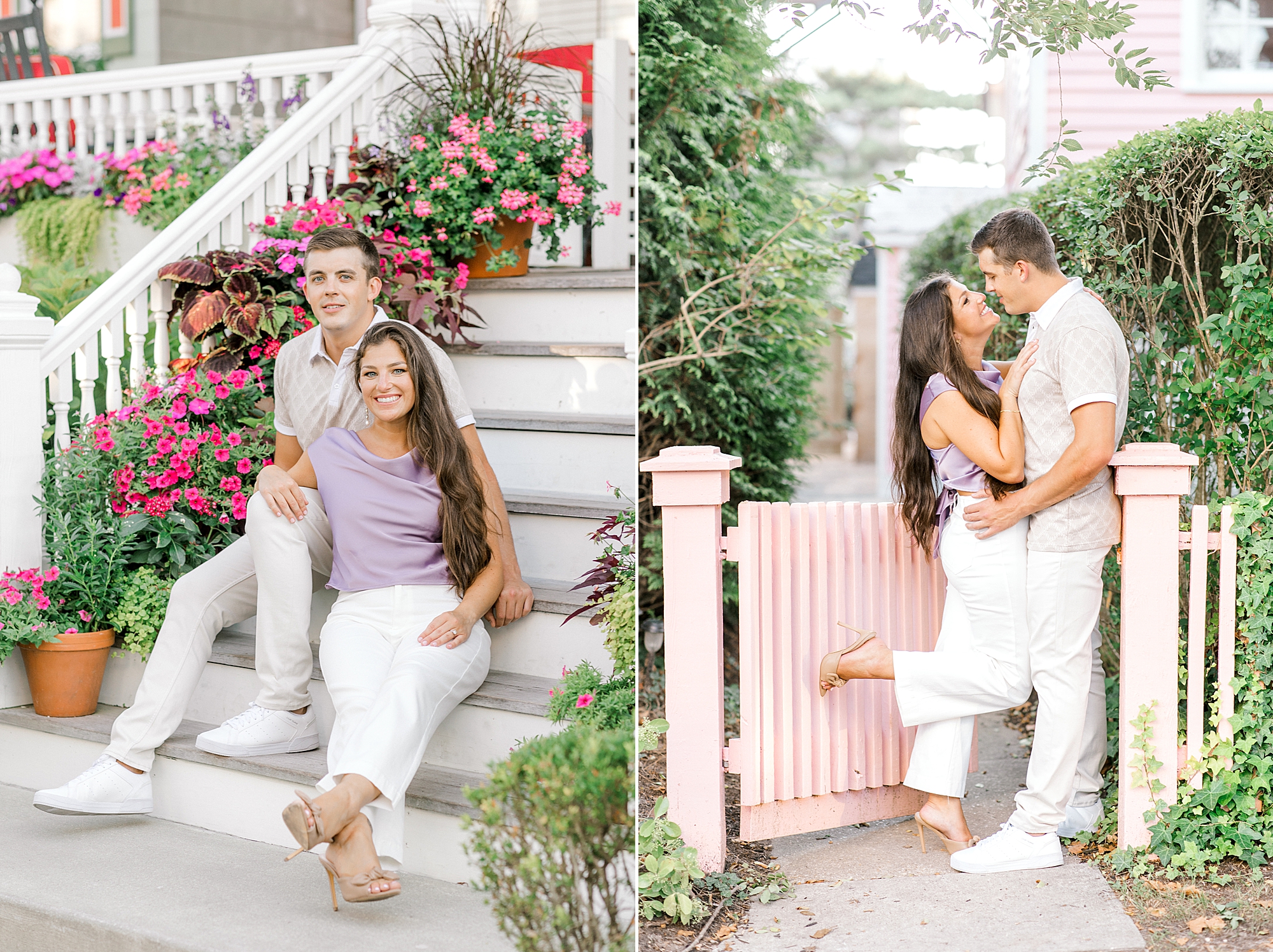 engaged couple hugs by white picket fence during Historic Cape May engagement session