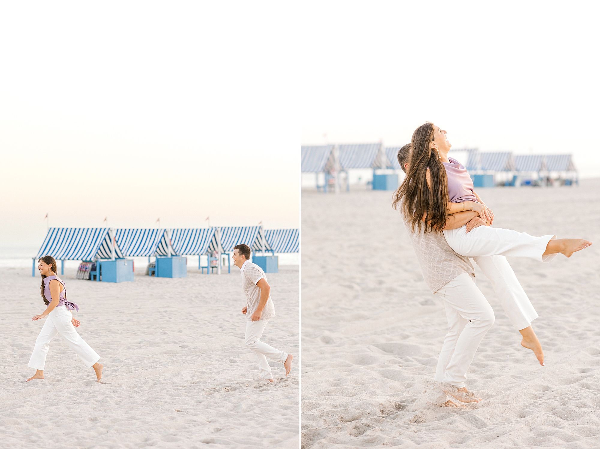 man twirls woman around on beach during NJ engagement photos