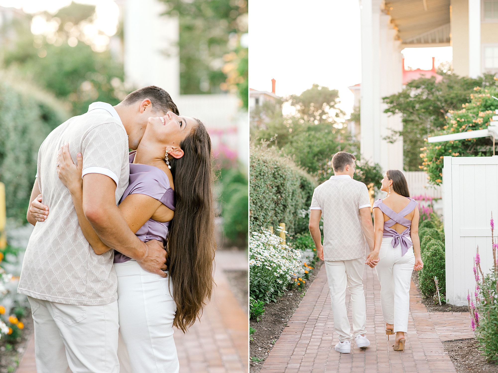man kisses woman's neck making her laugh during engagement session in Historic Cape May