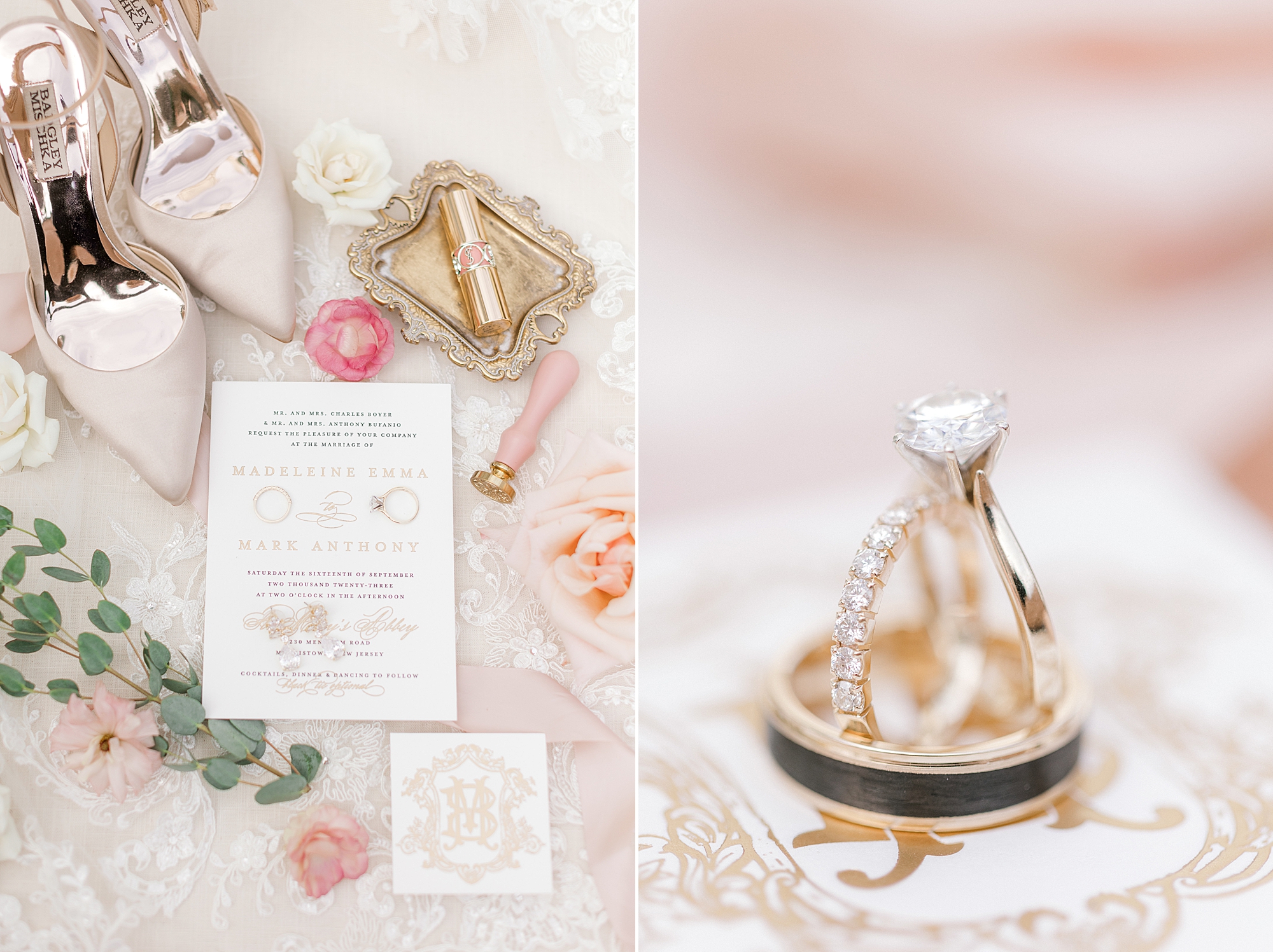 classic stationery set with gold jewelry for summer wedding at the Farmhouse