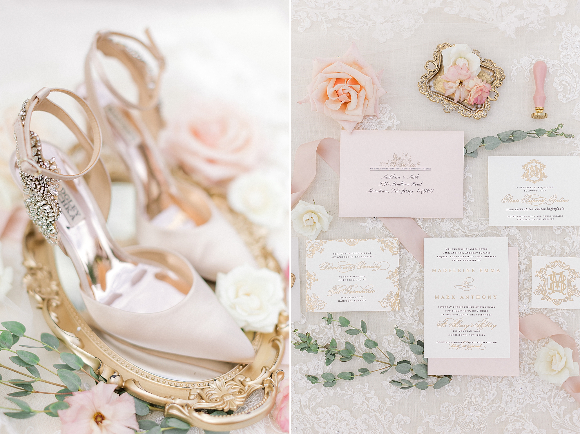 bride's ivory shoes on gold tray for NJ wedding day