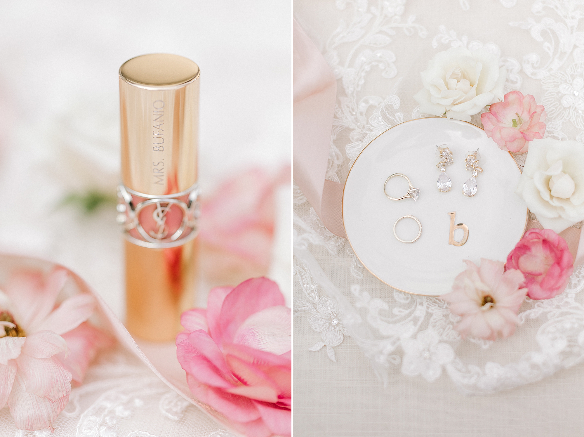 bride's perfume and jewelry on monogramed tray