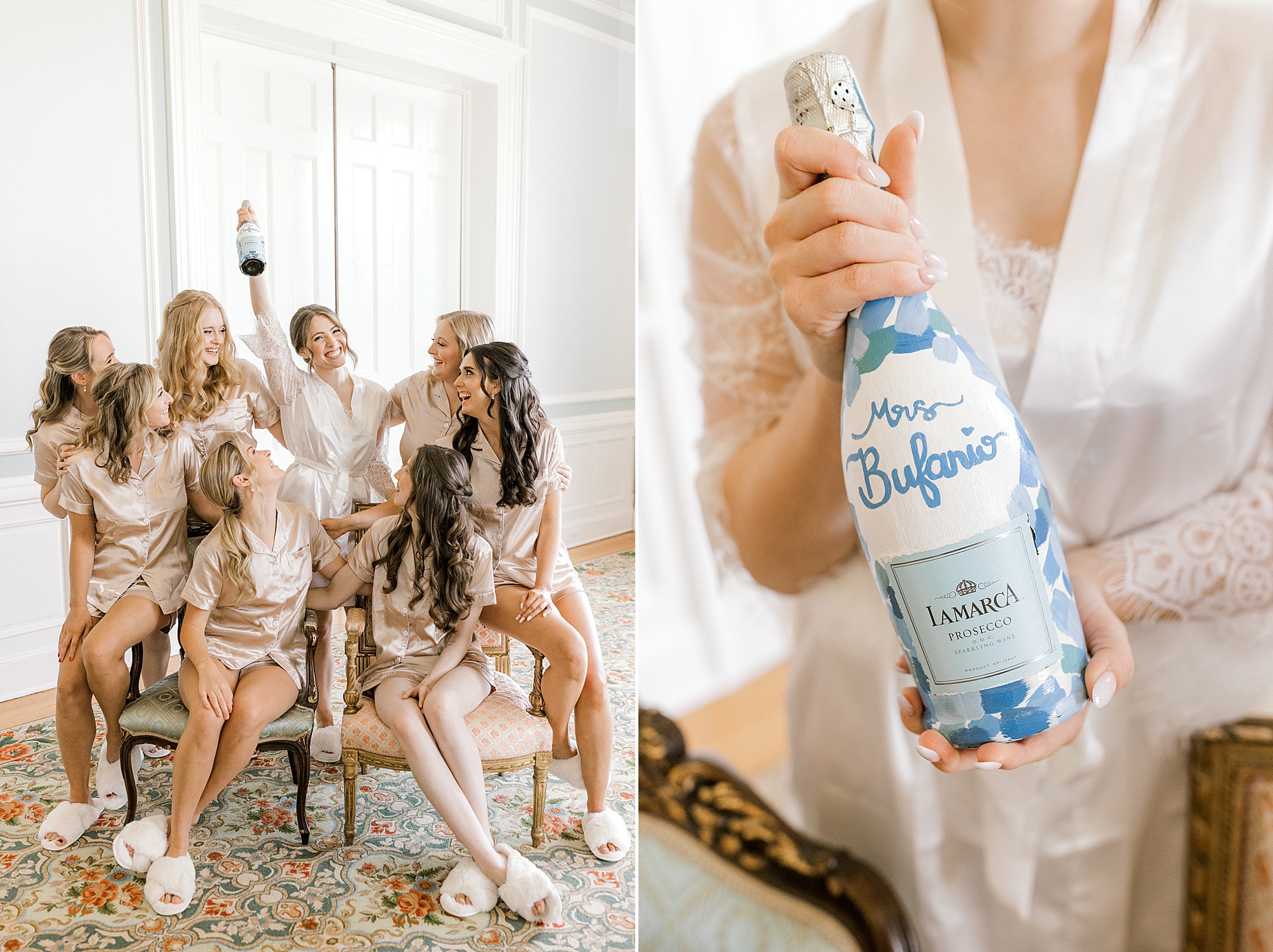 bride cheers with bridesmaids holding custom wine bottle