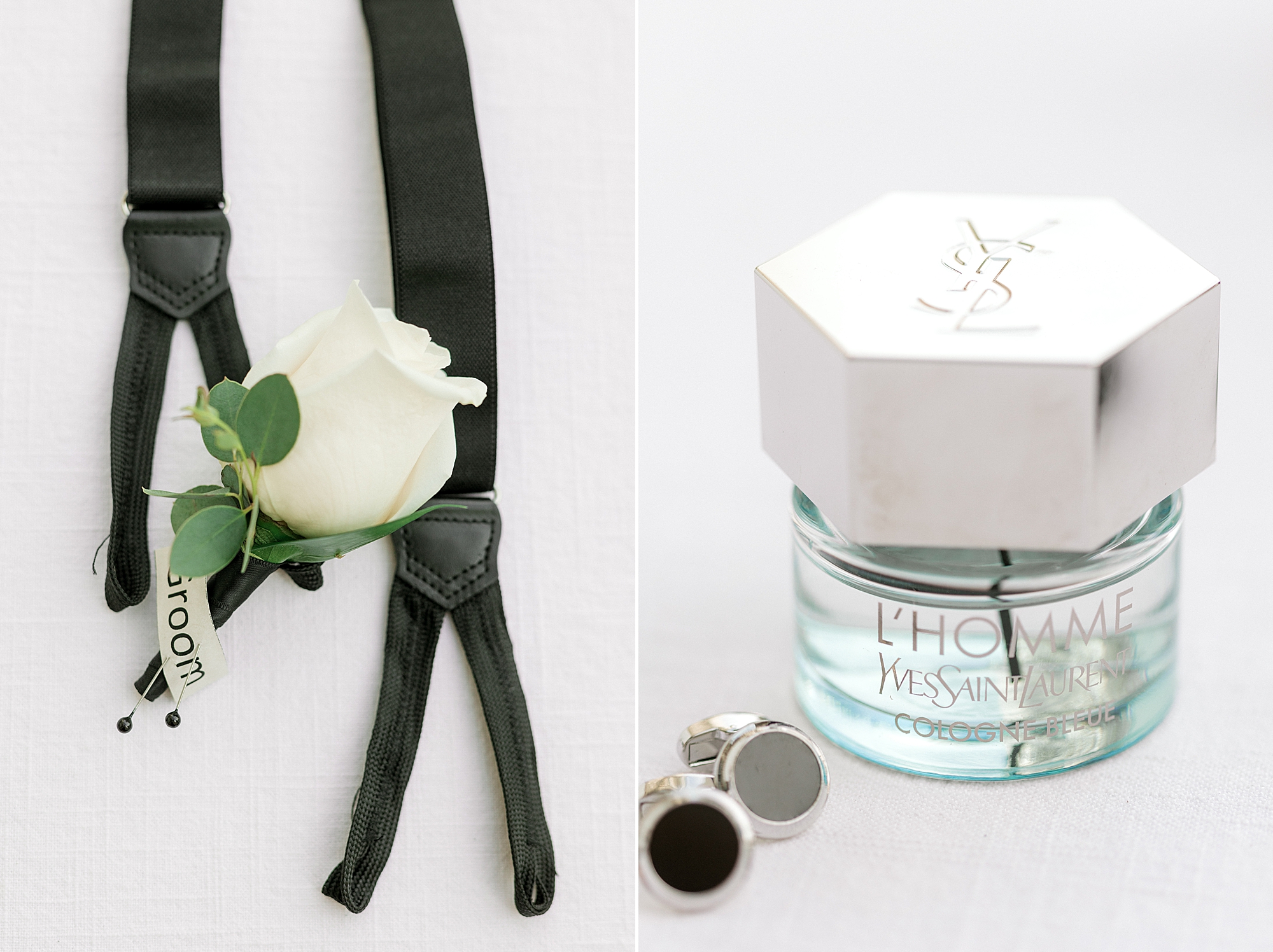groom's suspenders and cologne for NJ wedding day
