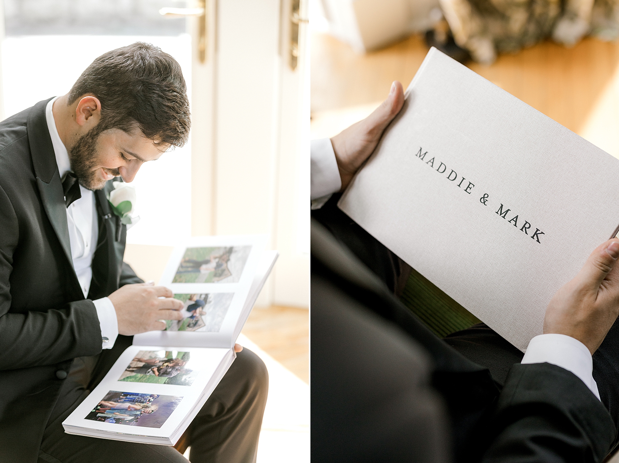 groom looks at photo album gift from bride on morning of wedding