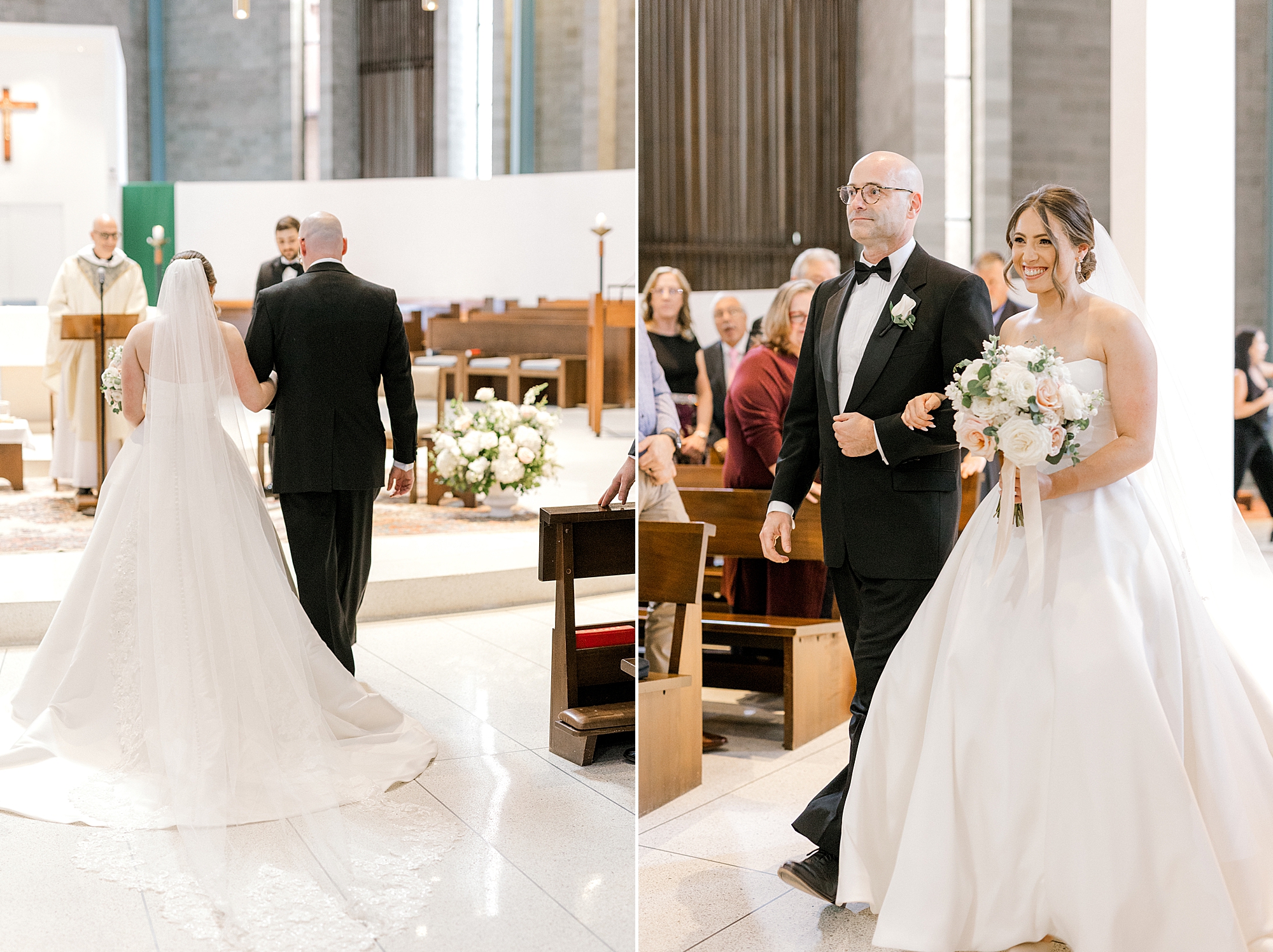 bride walks down aisle with father for traditional church wedding in New Jersey
