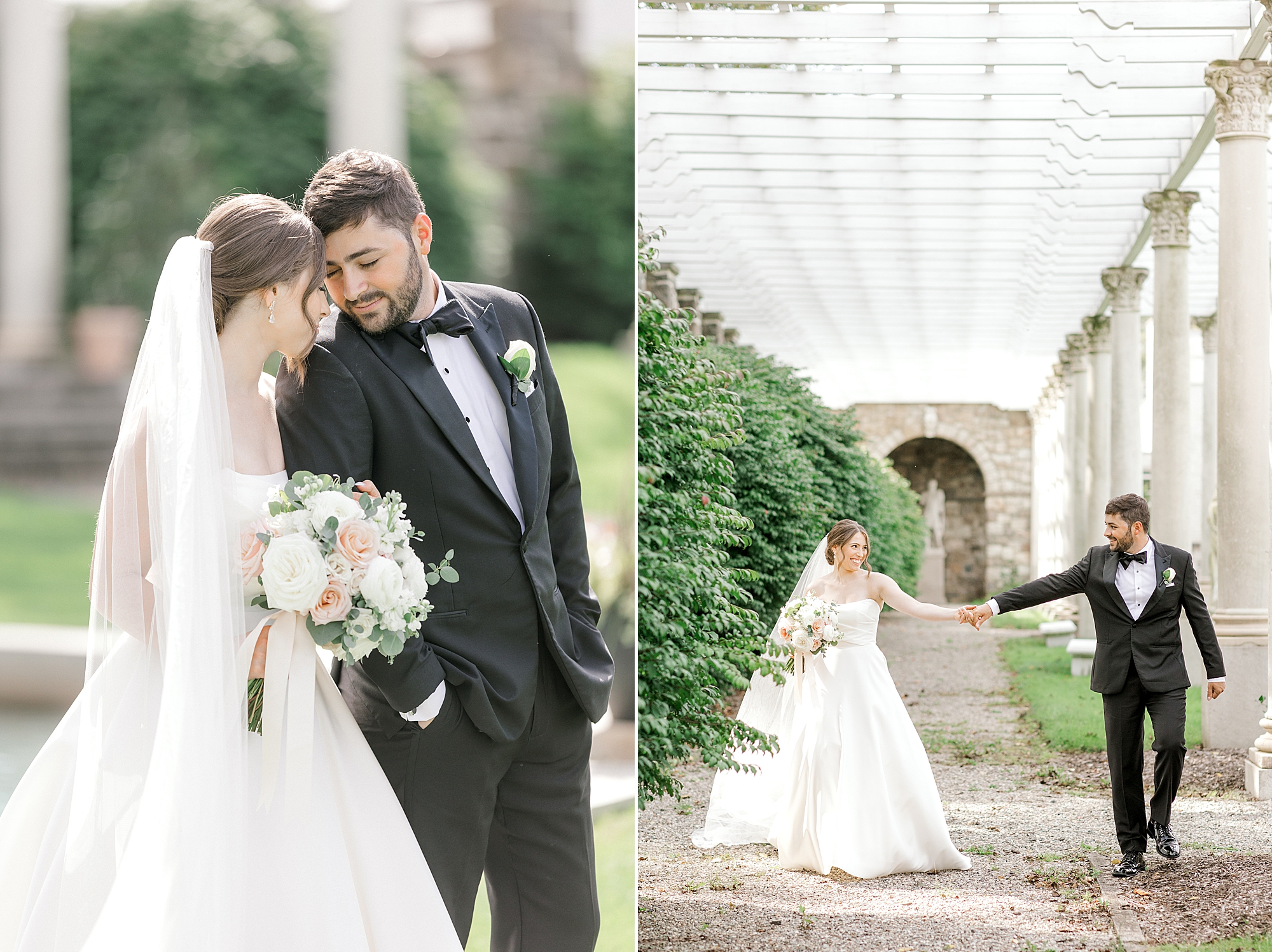 bride and groom hold hands leaning into each other on walkway at the Farmhouse