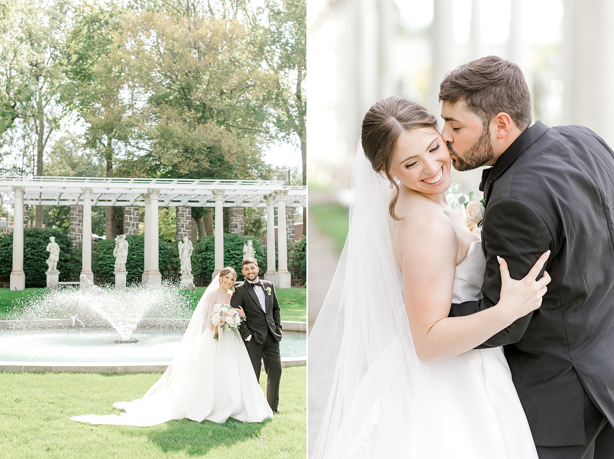 groom leans to kiss bride's cheek in front of fountain at the Farmhouse