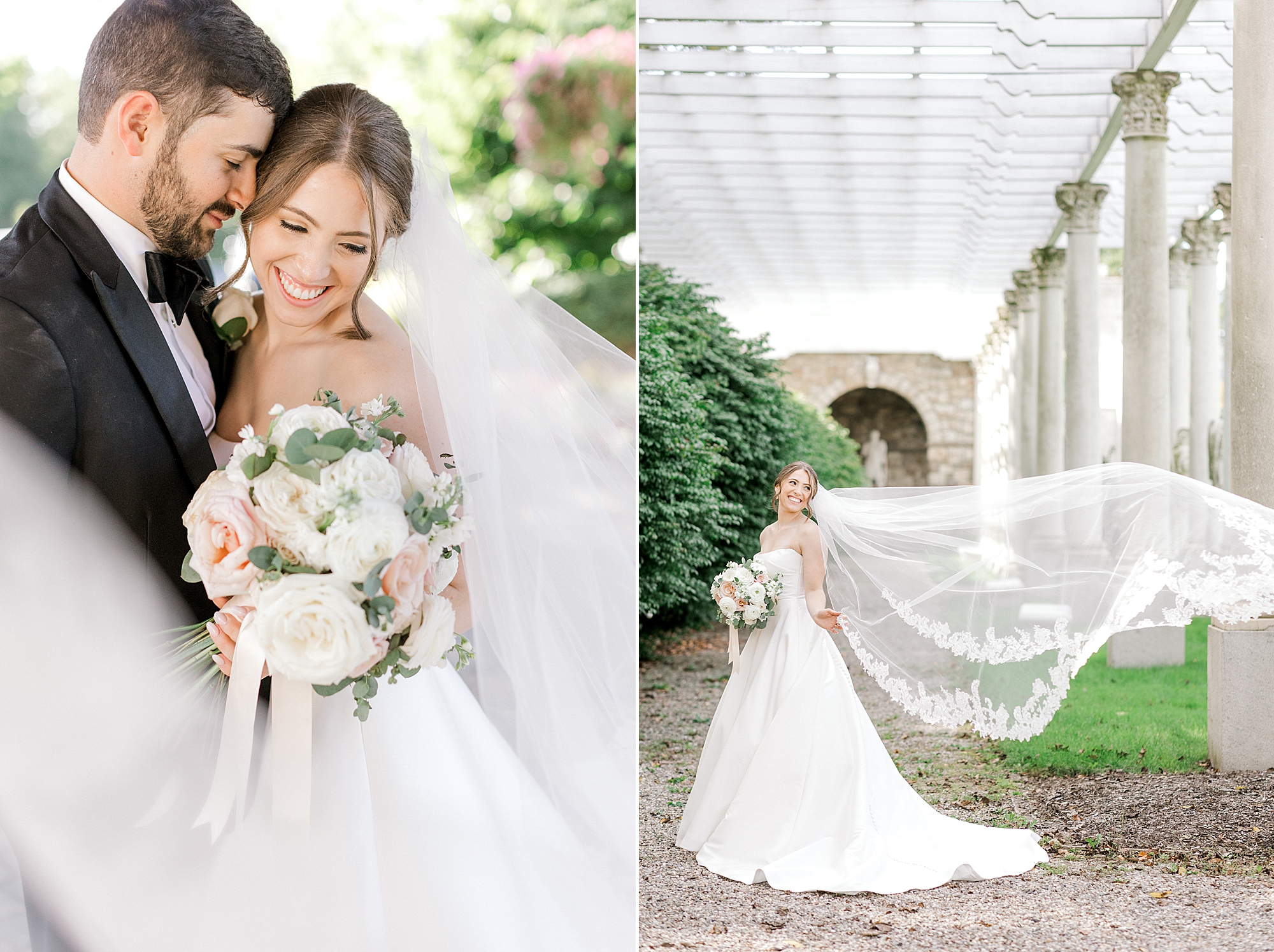 groom leans to nuzzle bride's forehead while she holds pastel bouquet at the Farmhouse