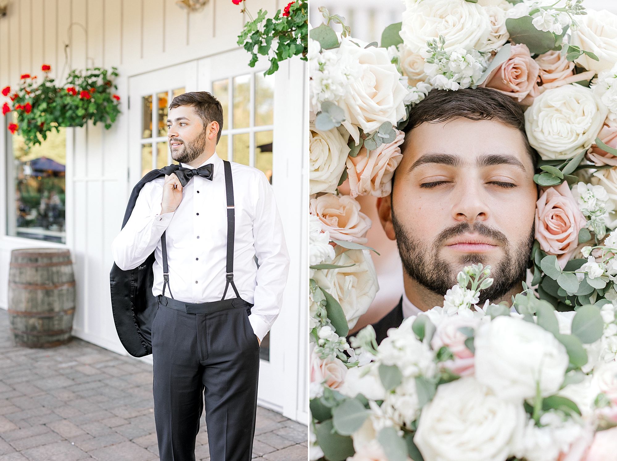 groom poses with black suit jacket over shoulder and then poses between bouquets