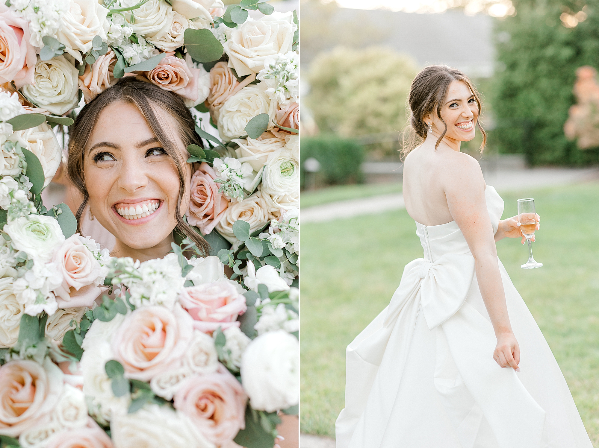 bride smiles in middle of pink and white bouquets held by bridesmaids