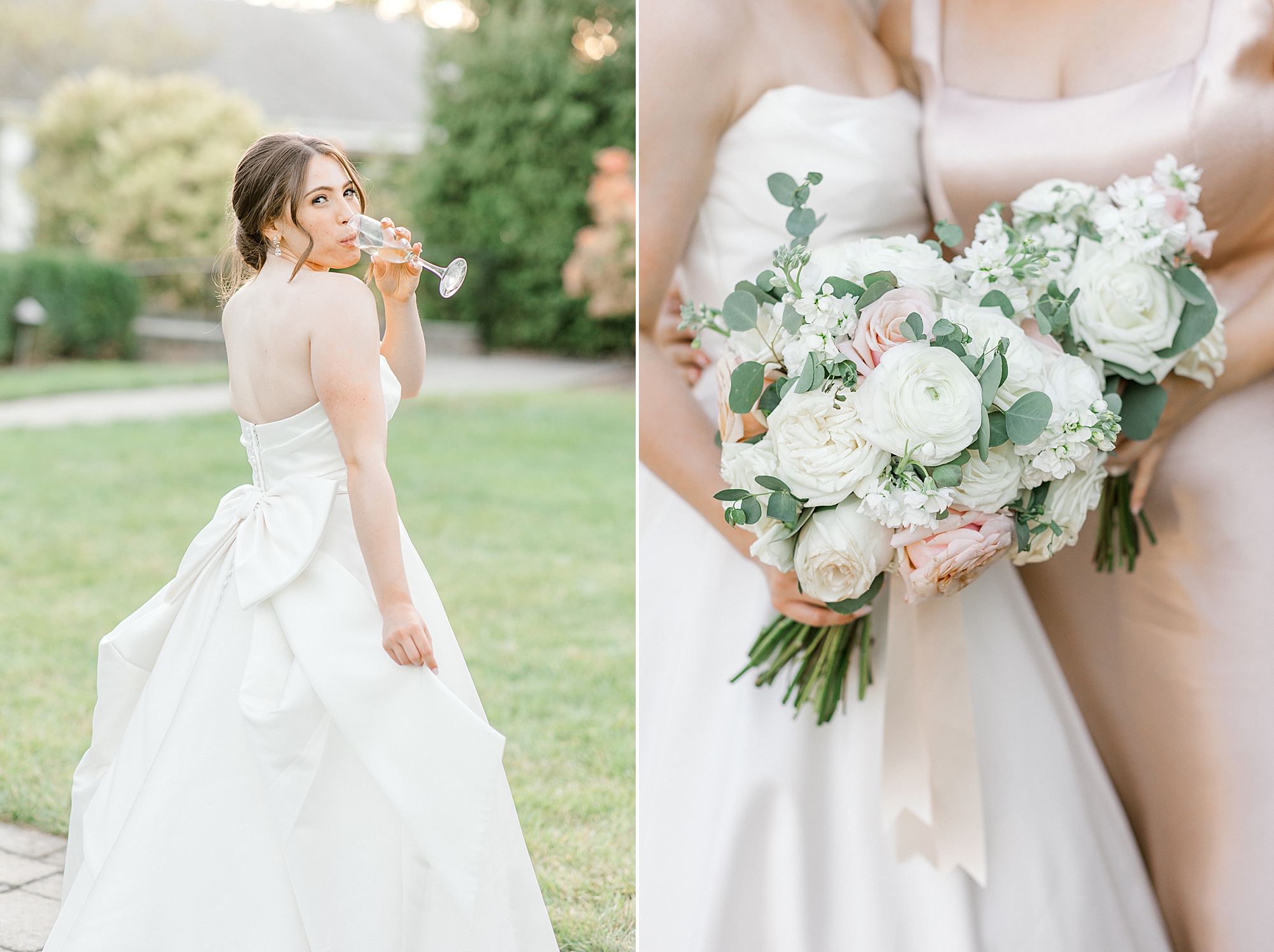 bride holds bouquet of pink and white flowers with bridesmaids