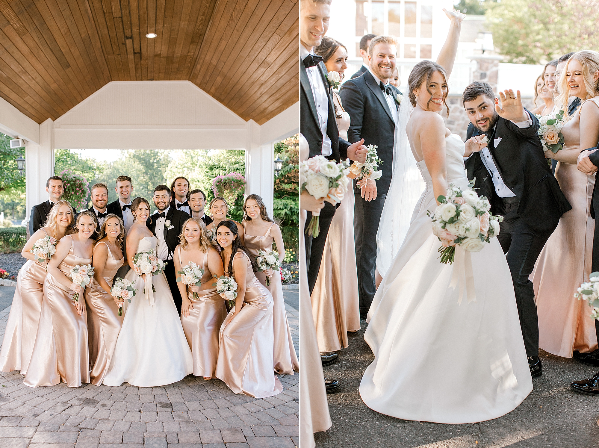 bride and groom hug with wedding party in pink dresses and black suits