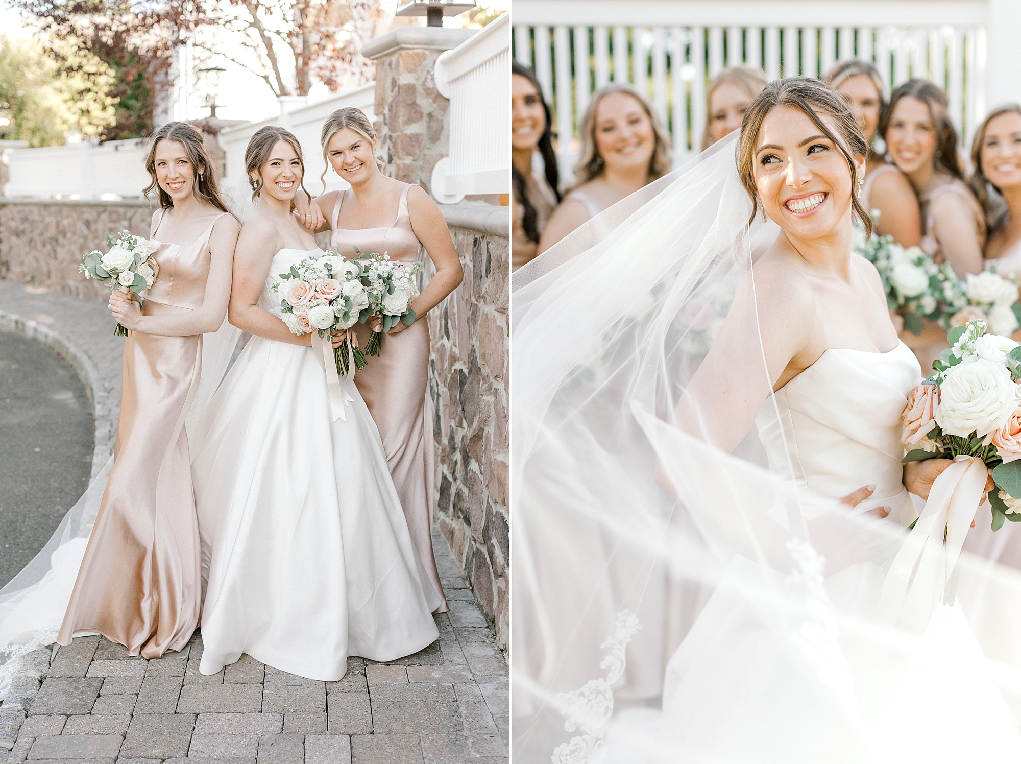 bride poses with bridesmaids in champagne gowns with veil around them