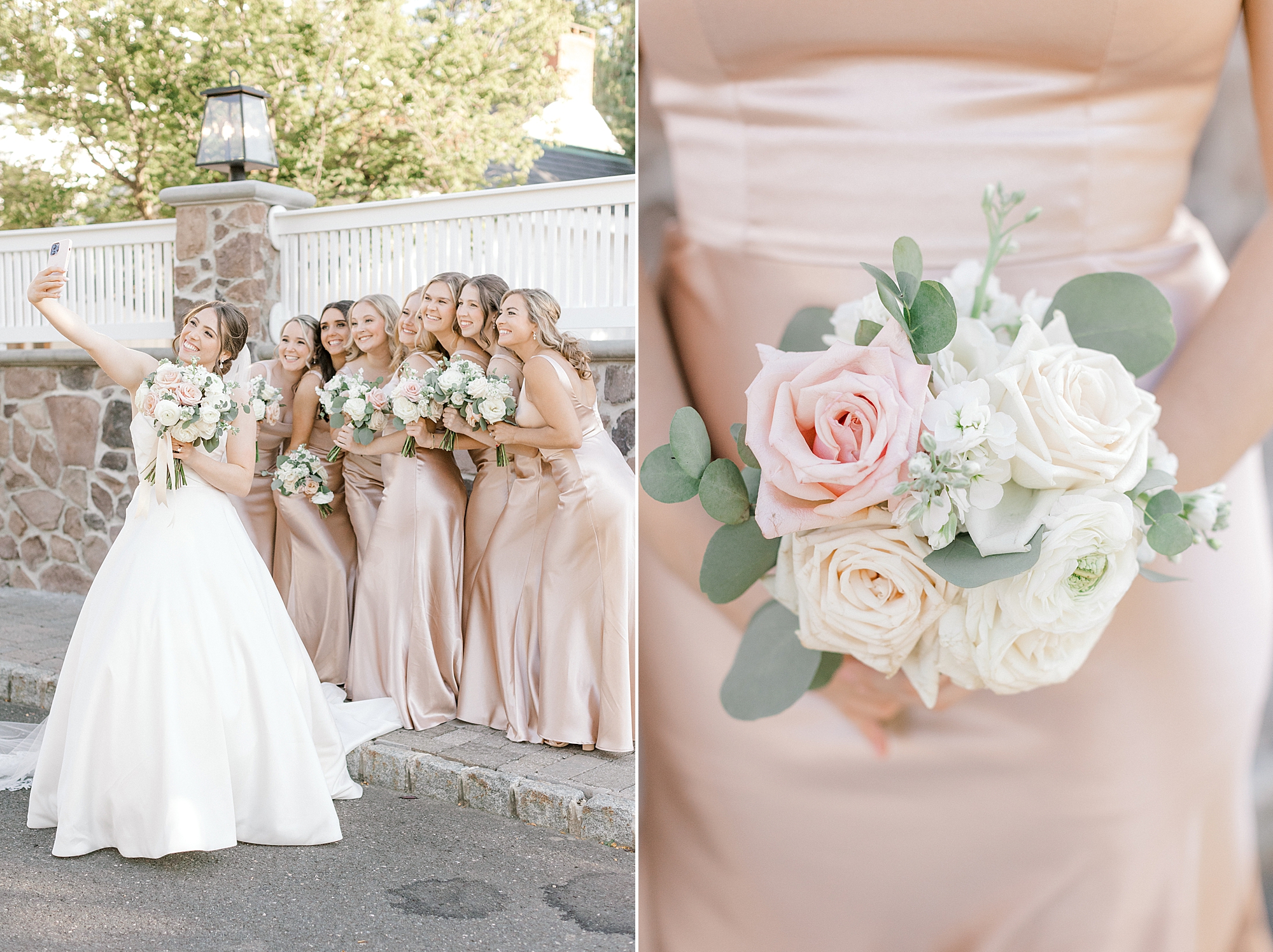 bride poses in front of bridesmaids in pink dress with pink and white flowers