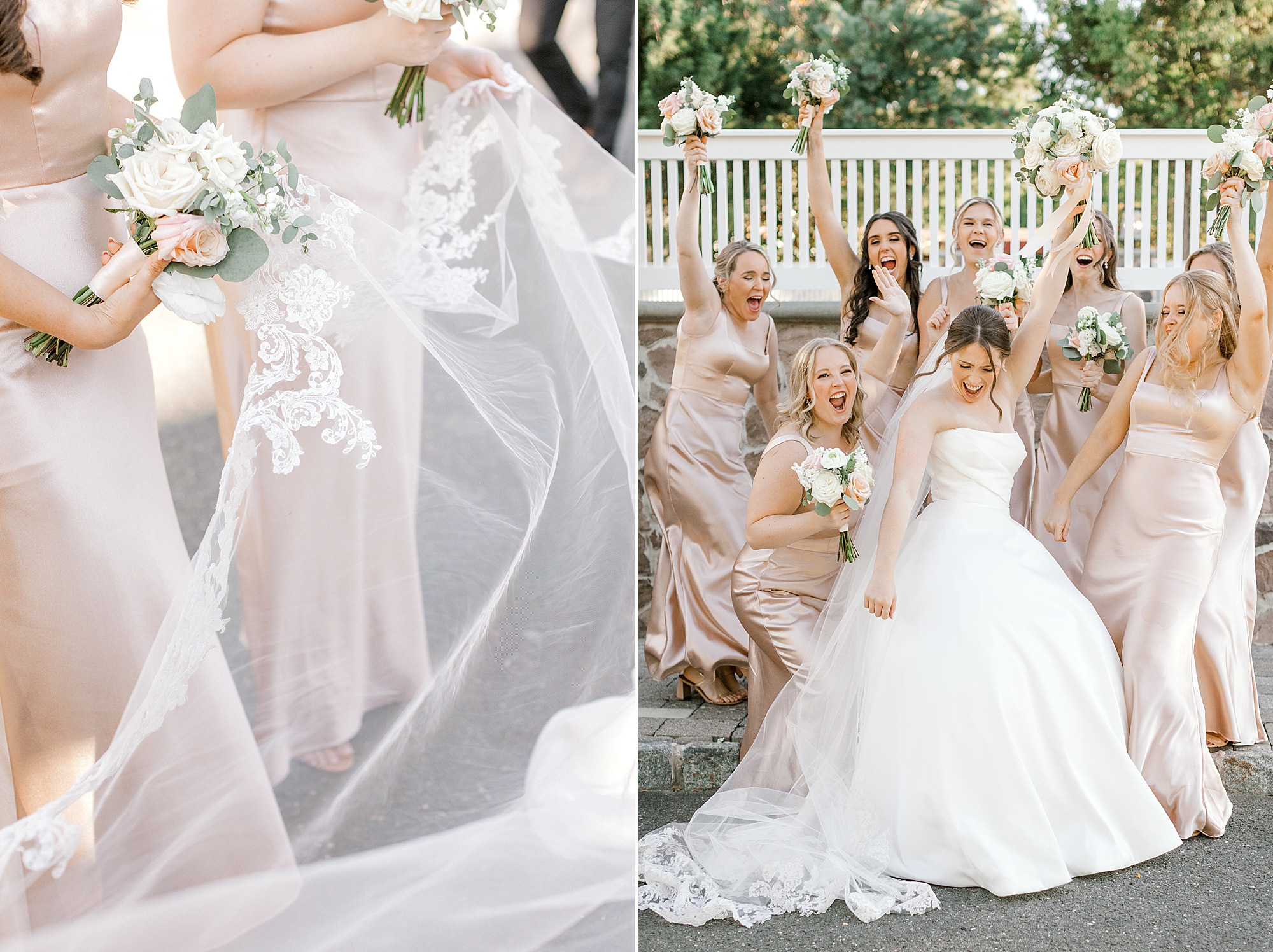 bride poses with bridesmaids in champagne gowns at the Farmhouse