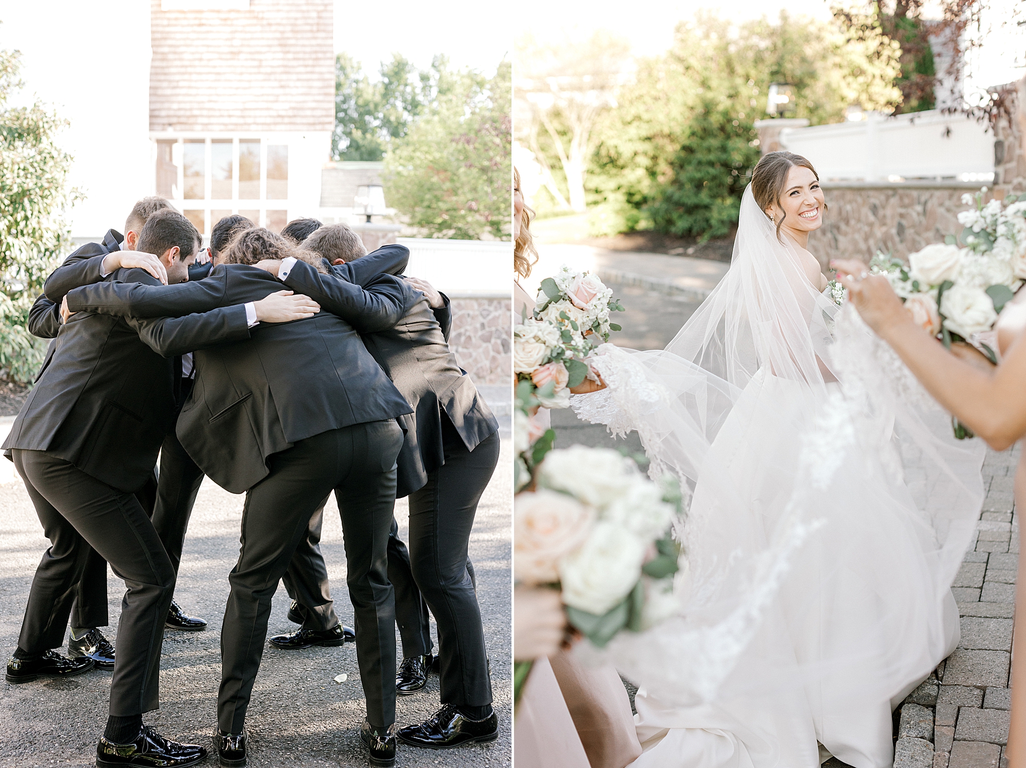 bride twirls in dress while groomsmen huddle up at the Farmhouse