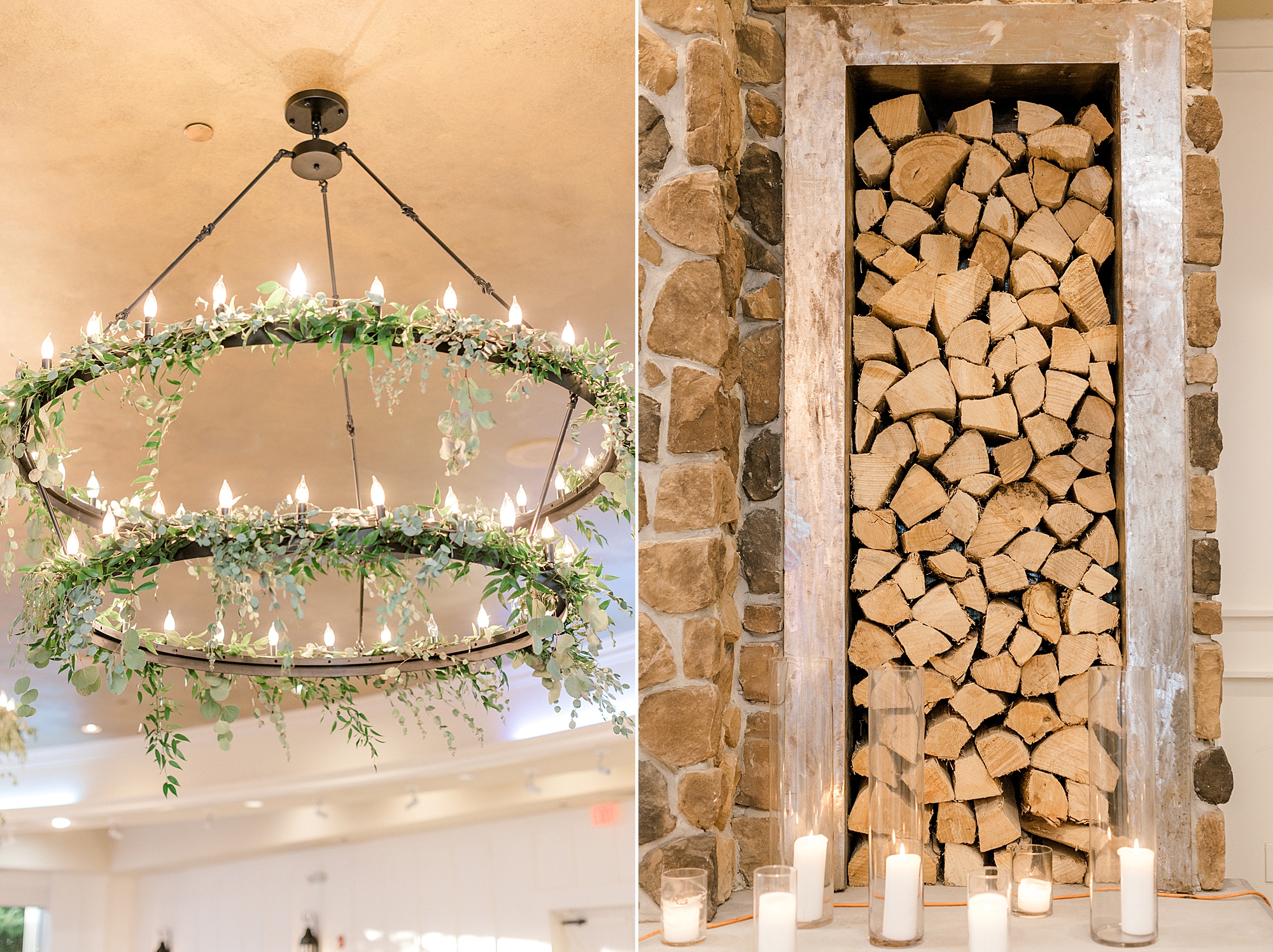 hanging chandelier and candles by stacks of wood at the Farmhouse