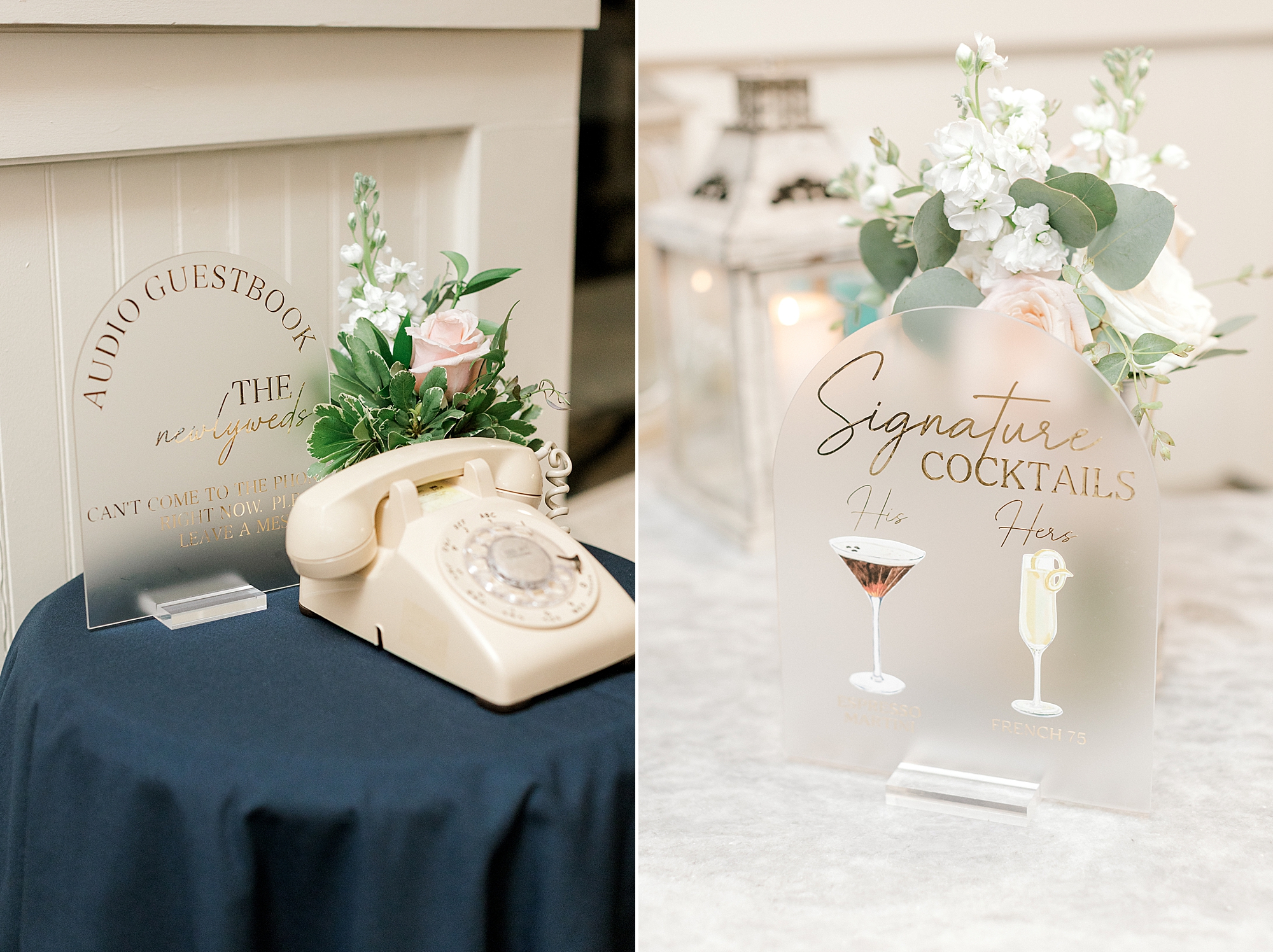 signature cocktail drink and audio guestbook wedding reception signs