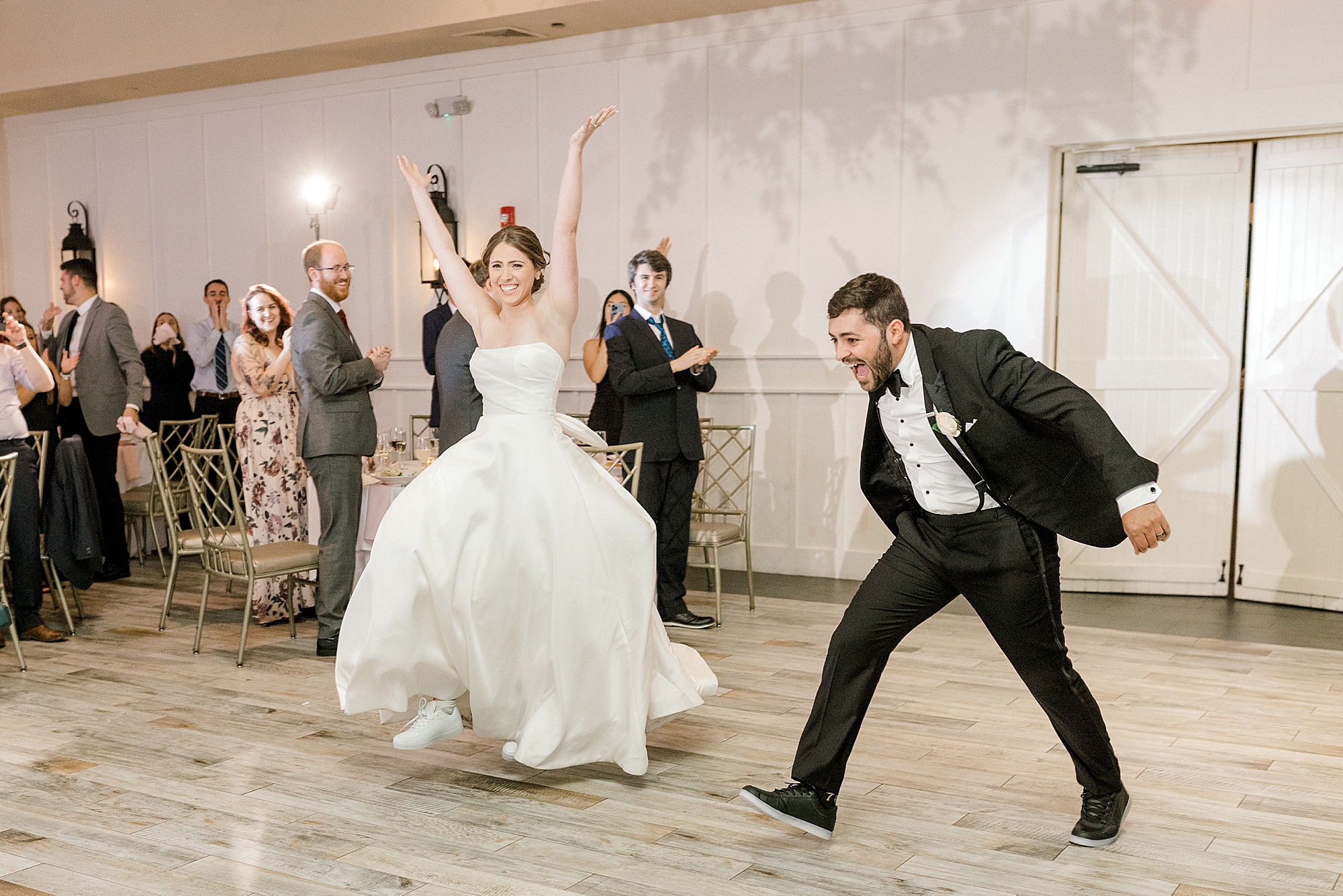 bride and groom dance into Hampton NJ wedding reception