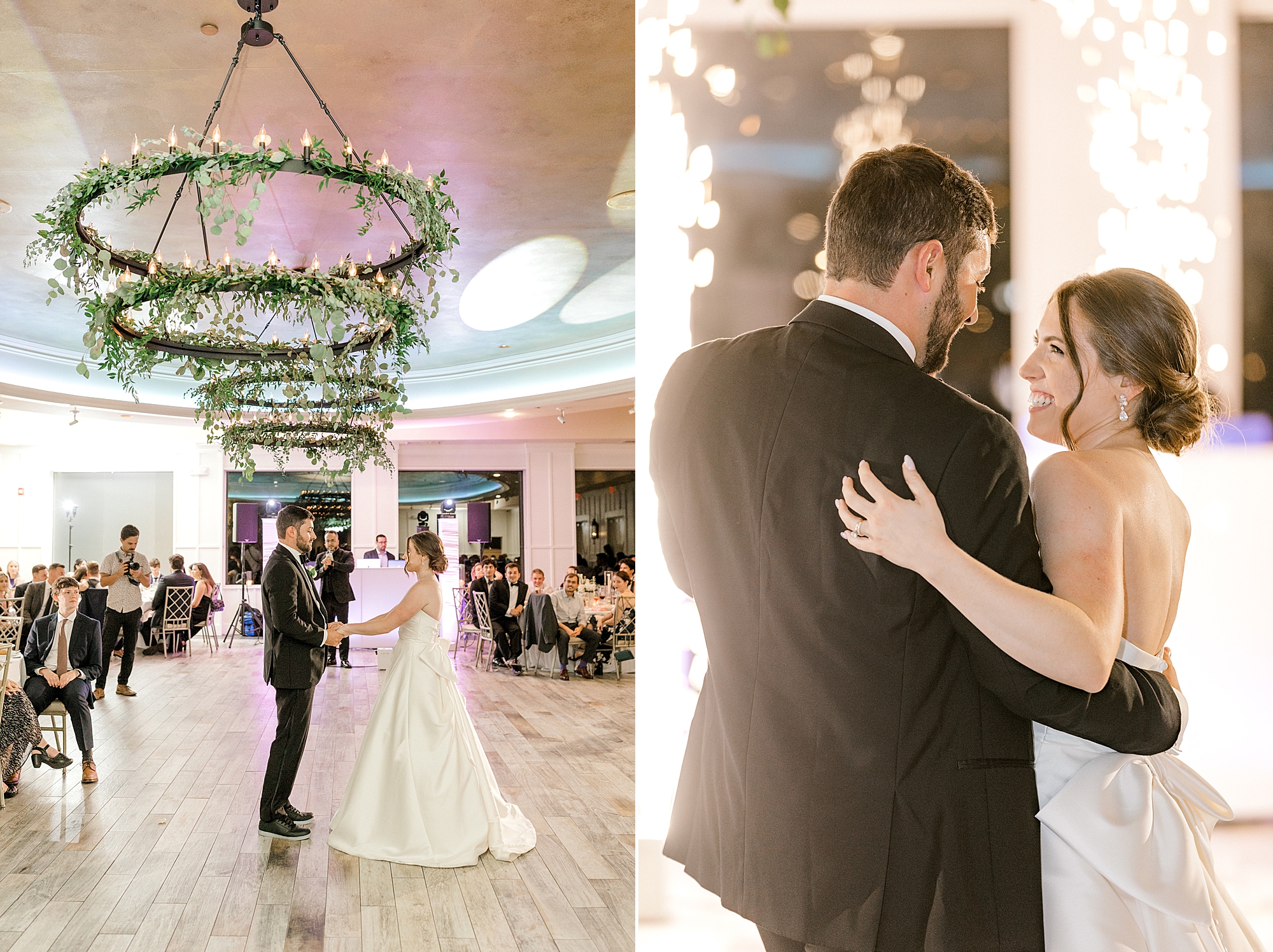 bride and groom dance together under chandelier at the Farmhouse