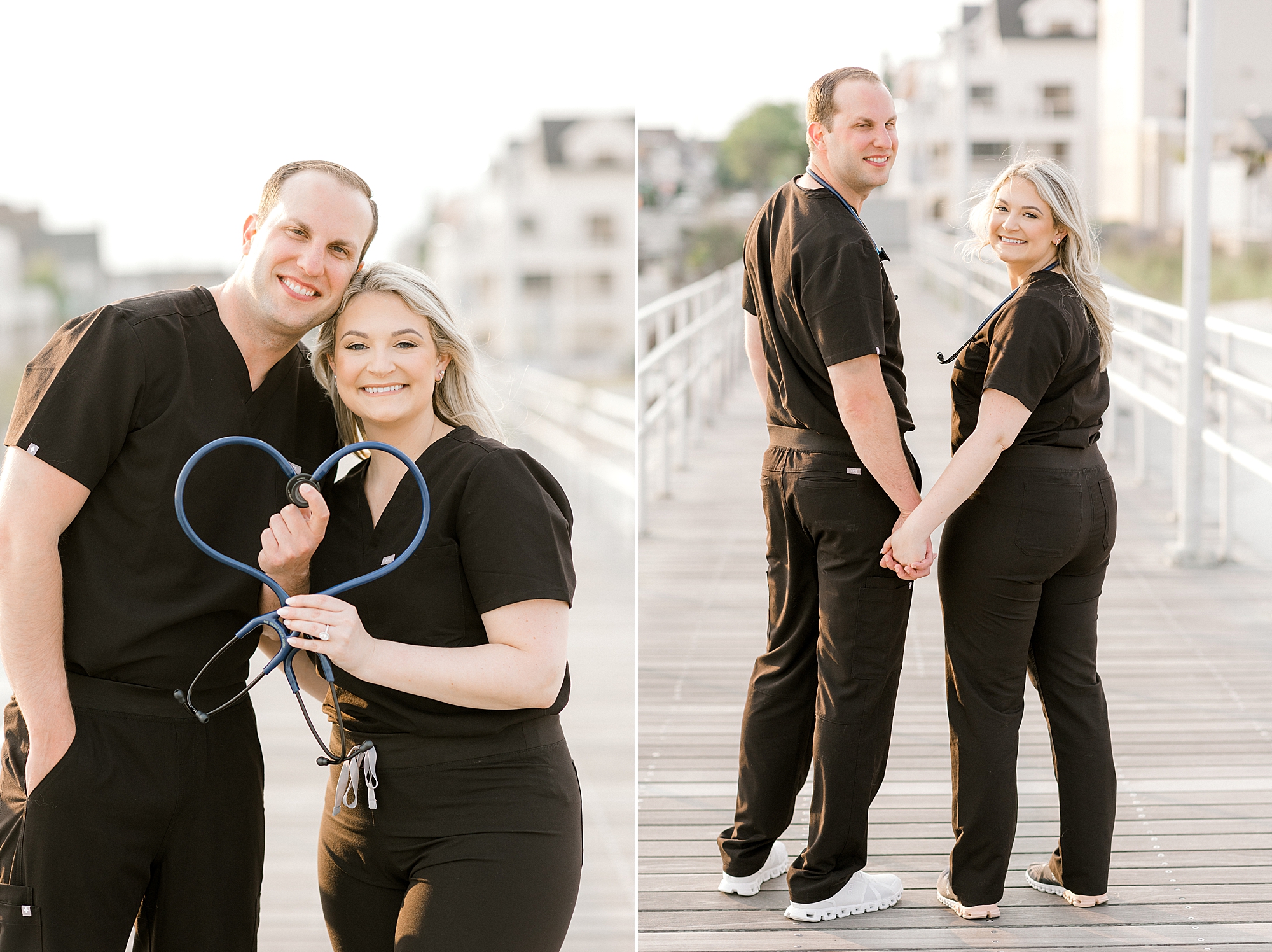 engaged couple poses on boardwalk in Ventnor Beach with stethoscope