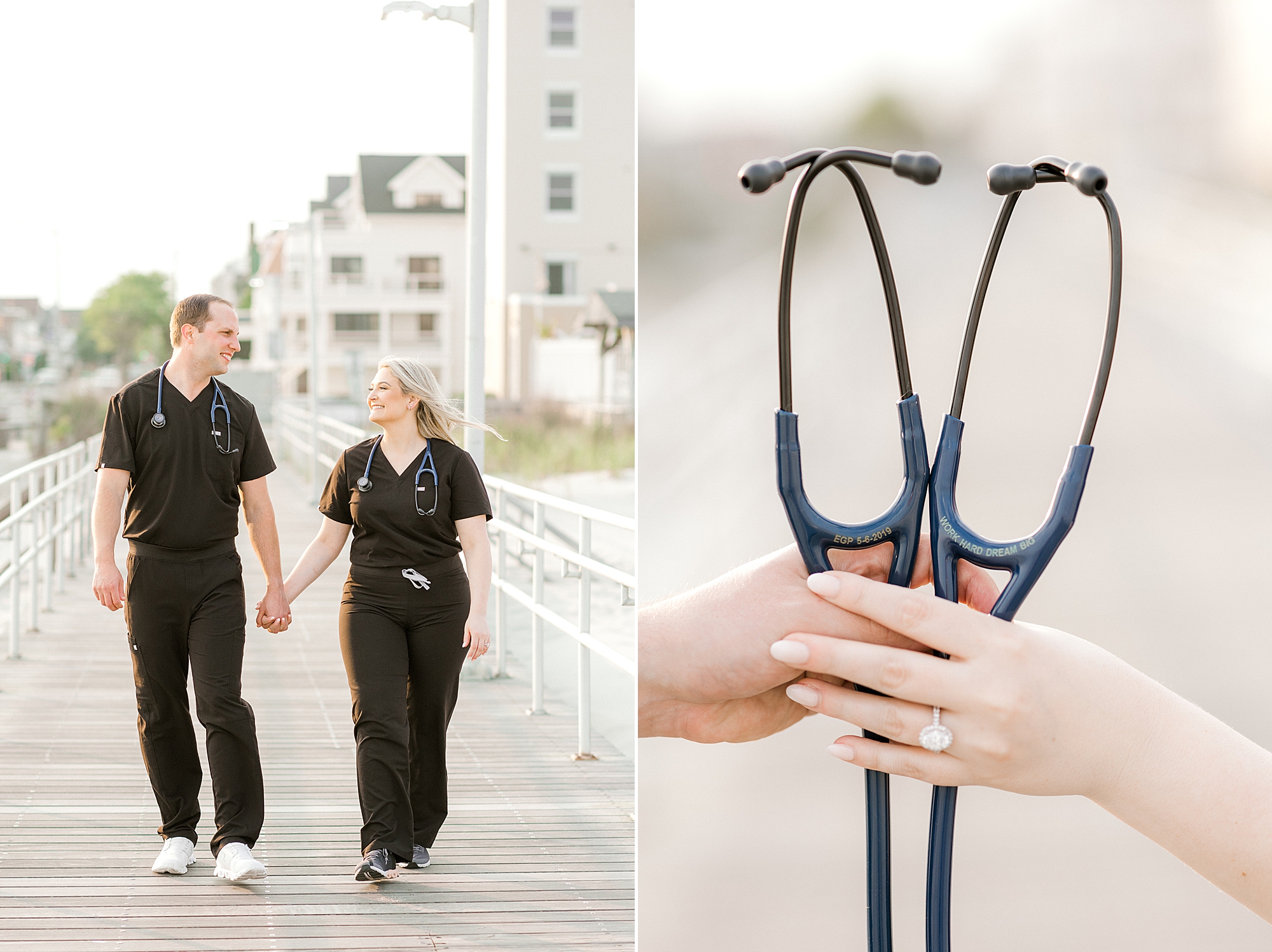 engaged couple walks in black scrubs on boardwalk at Ventnor Beach and holds stethoscope showing off ring