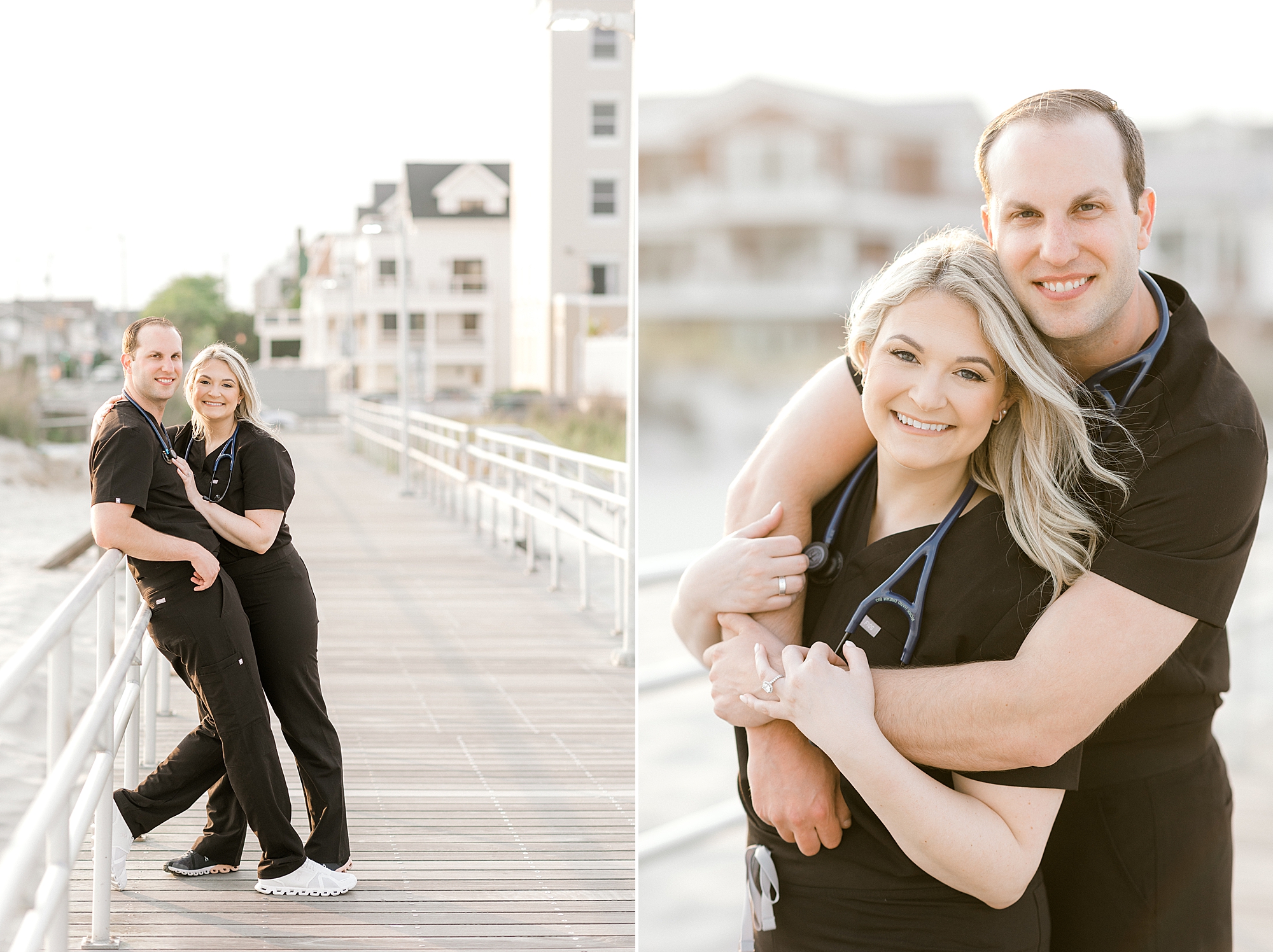 man hugs blonde woman in black scrubs from behind on boardwalk at Ventnor Beach