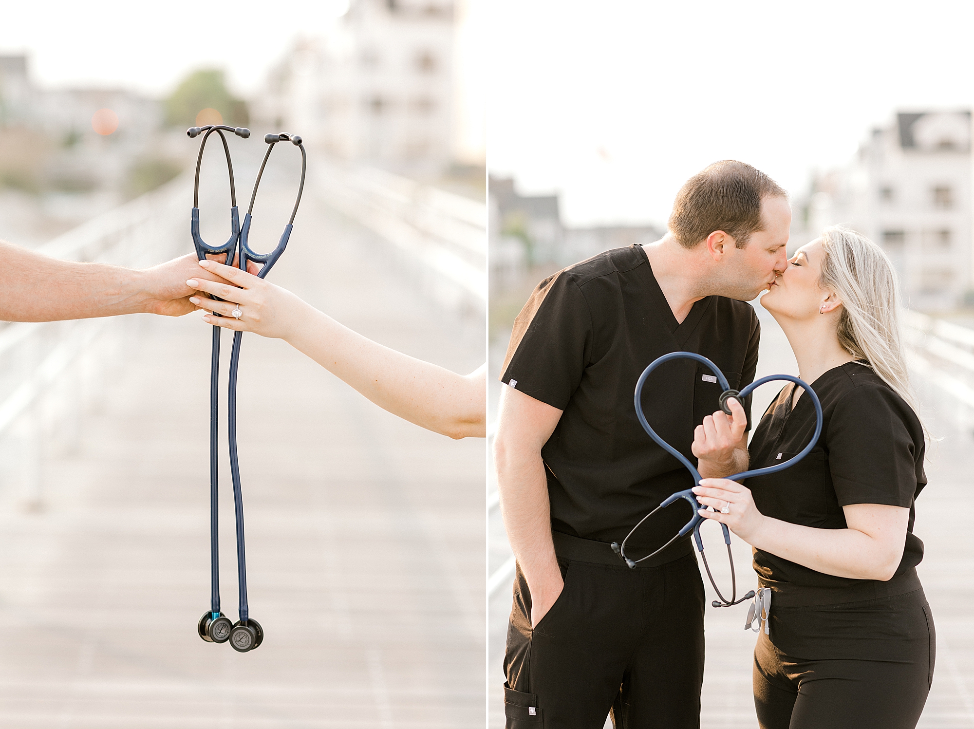 engaged couple kisses on boardwalk holding up stethoscope in Ventnor Beach