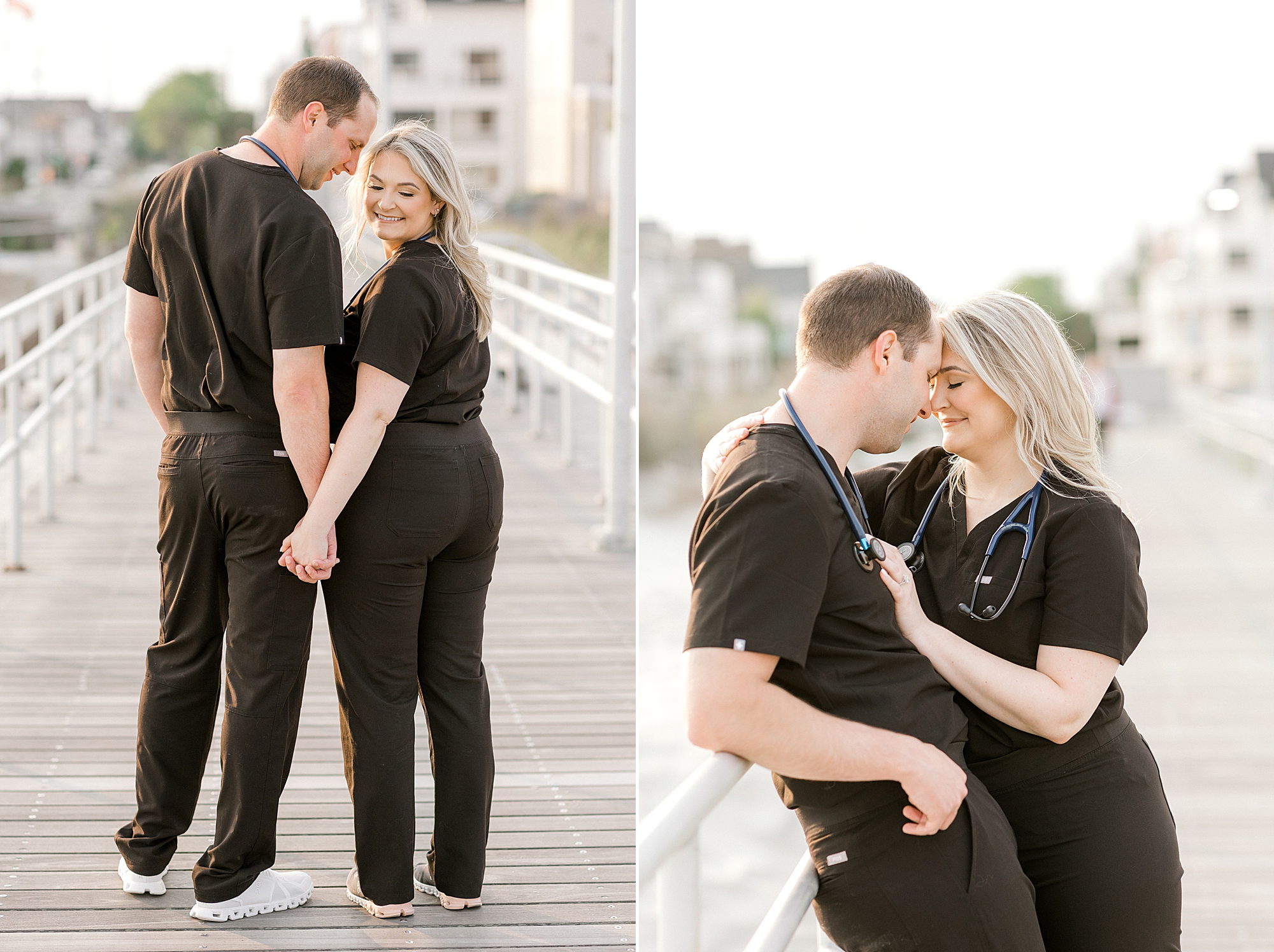 couple hugs on boardwalk in Ventnor Beach in black scrubs
