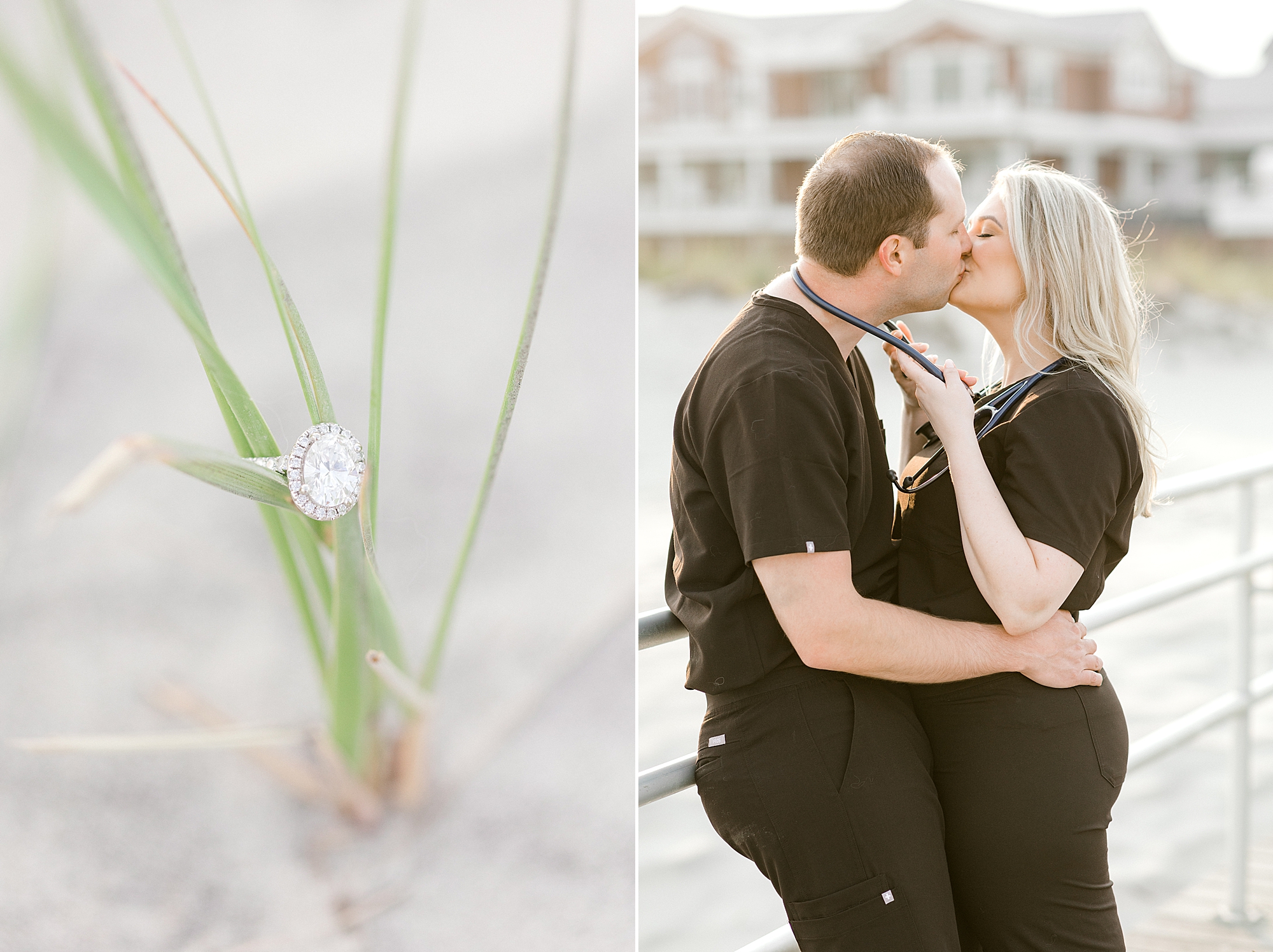 man and woman kiss next to photo of diamond on green grass