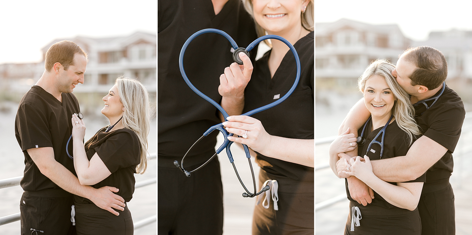 man hugs woman from behind in black scrubs with stethoscopes at Ventnor Beach