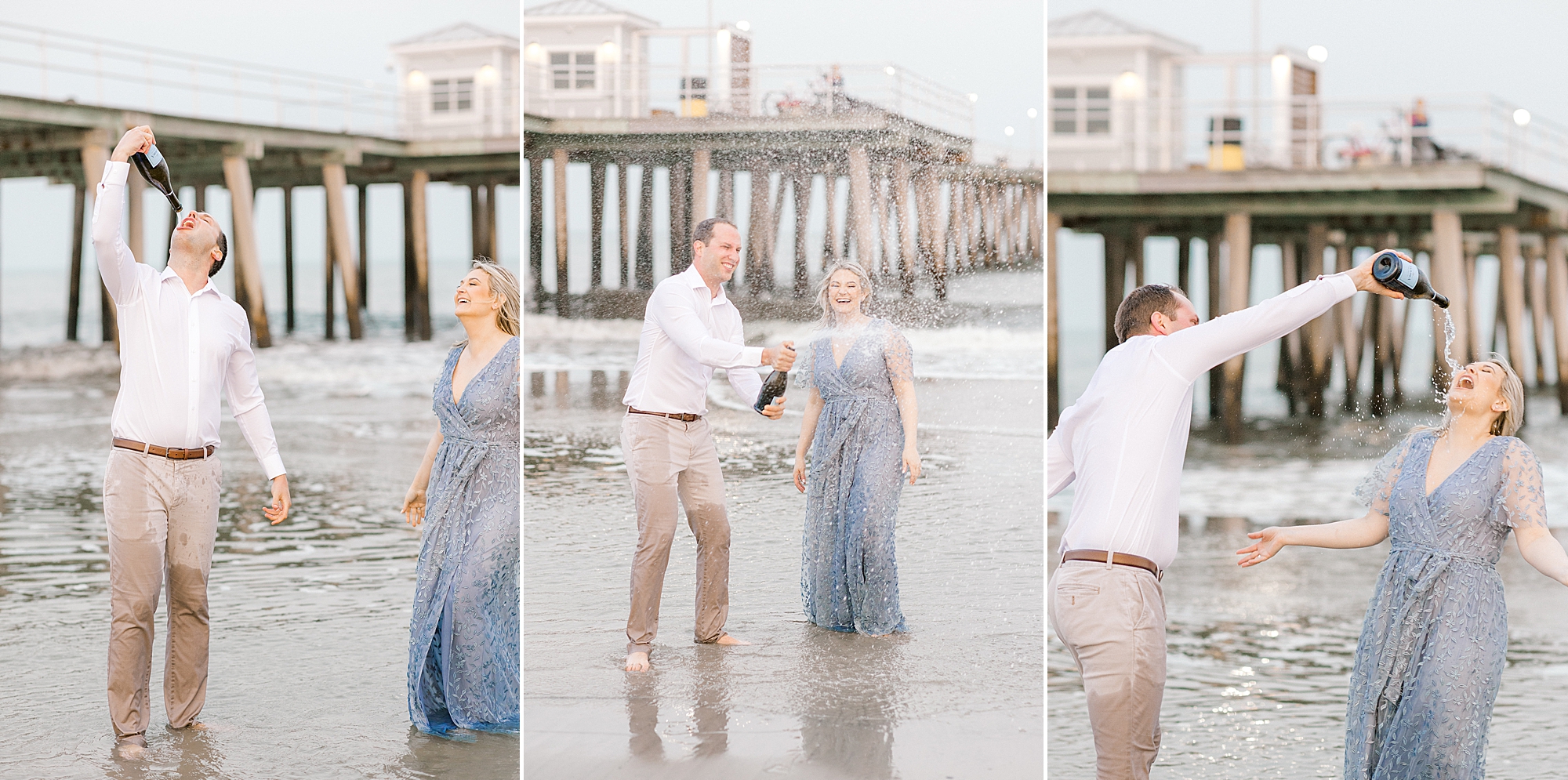 man pops champagne on beach with woman for Ventnor Beach engagement session