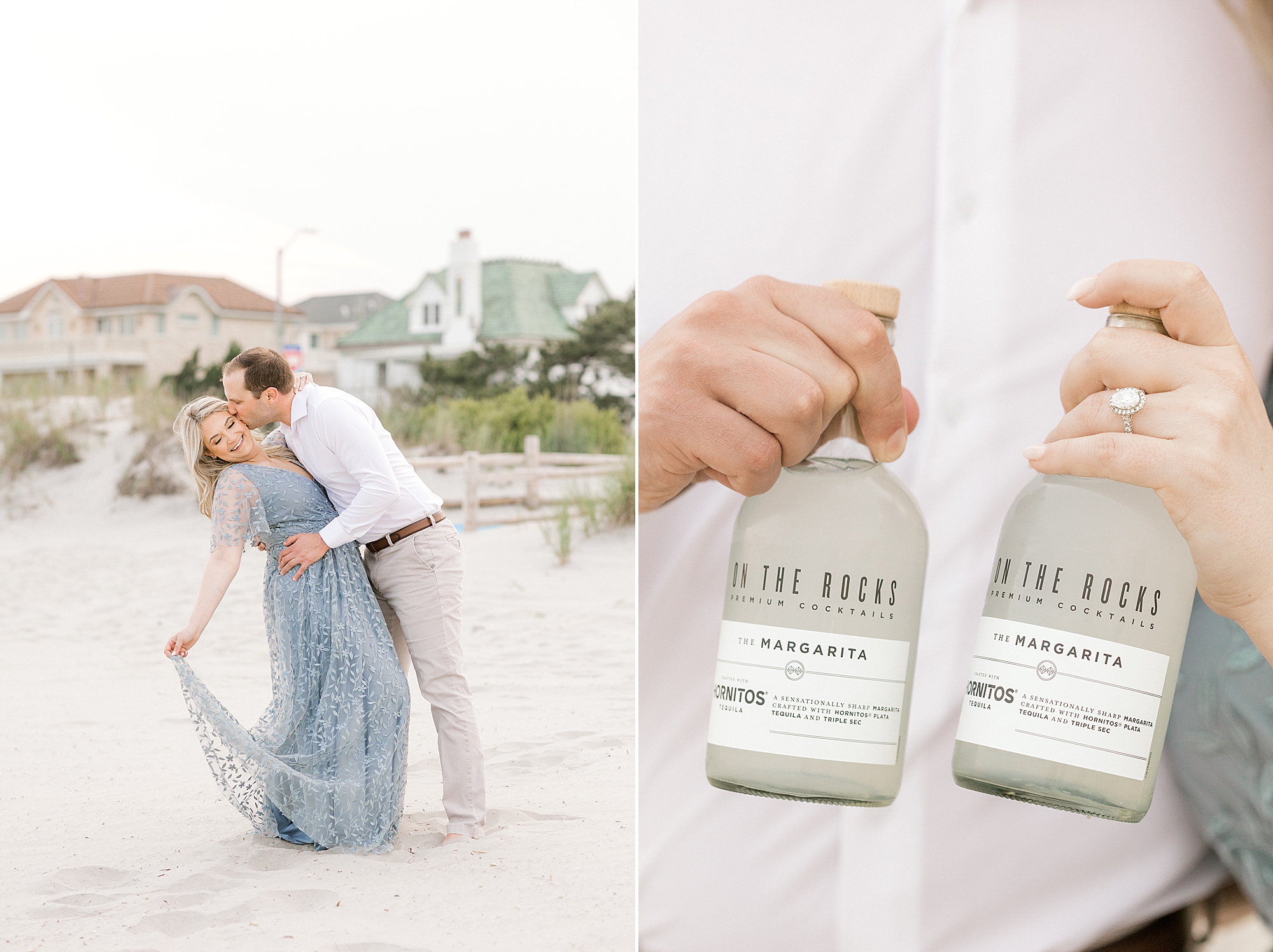 engaged couple kisses on beach while holding tequila for margaritas