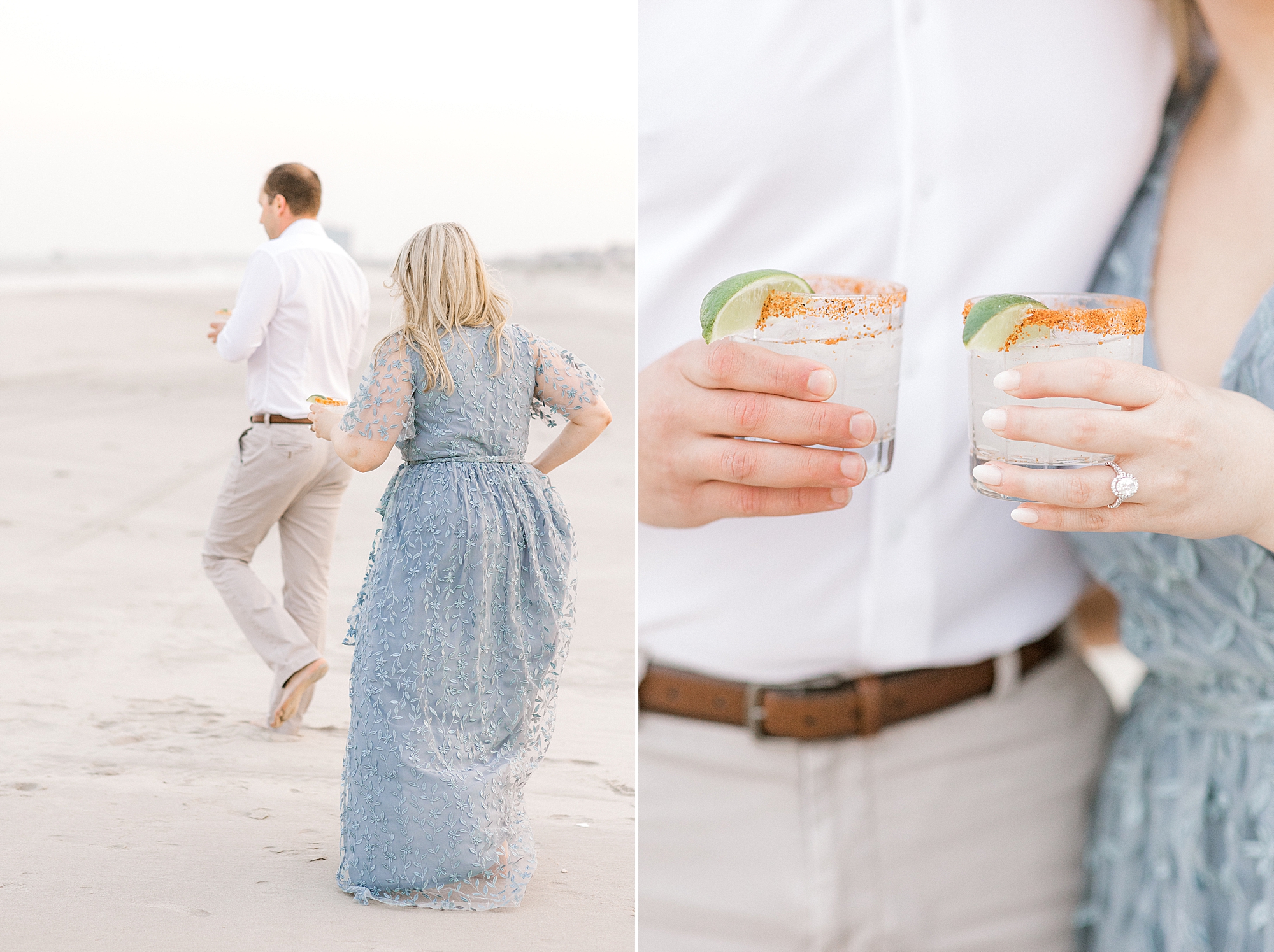 engaged couple holds margaritas on Ventnor Beach