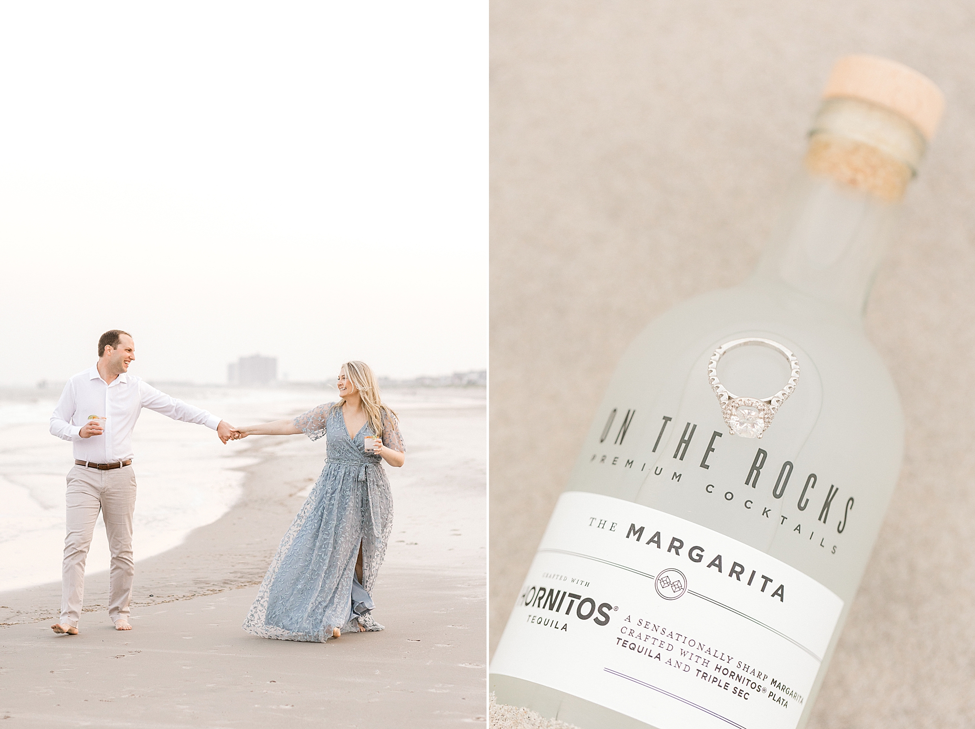 engaged couple holds hands twirling on beach next to bottle of rum