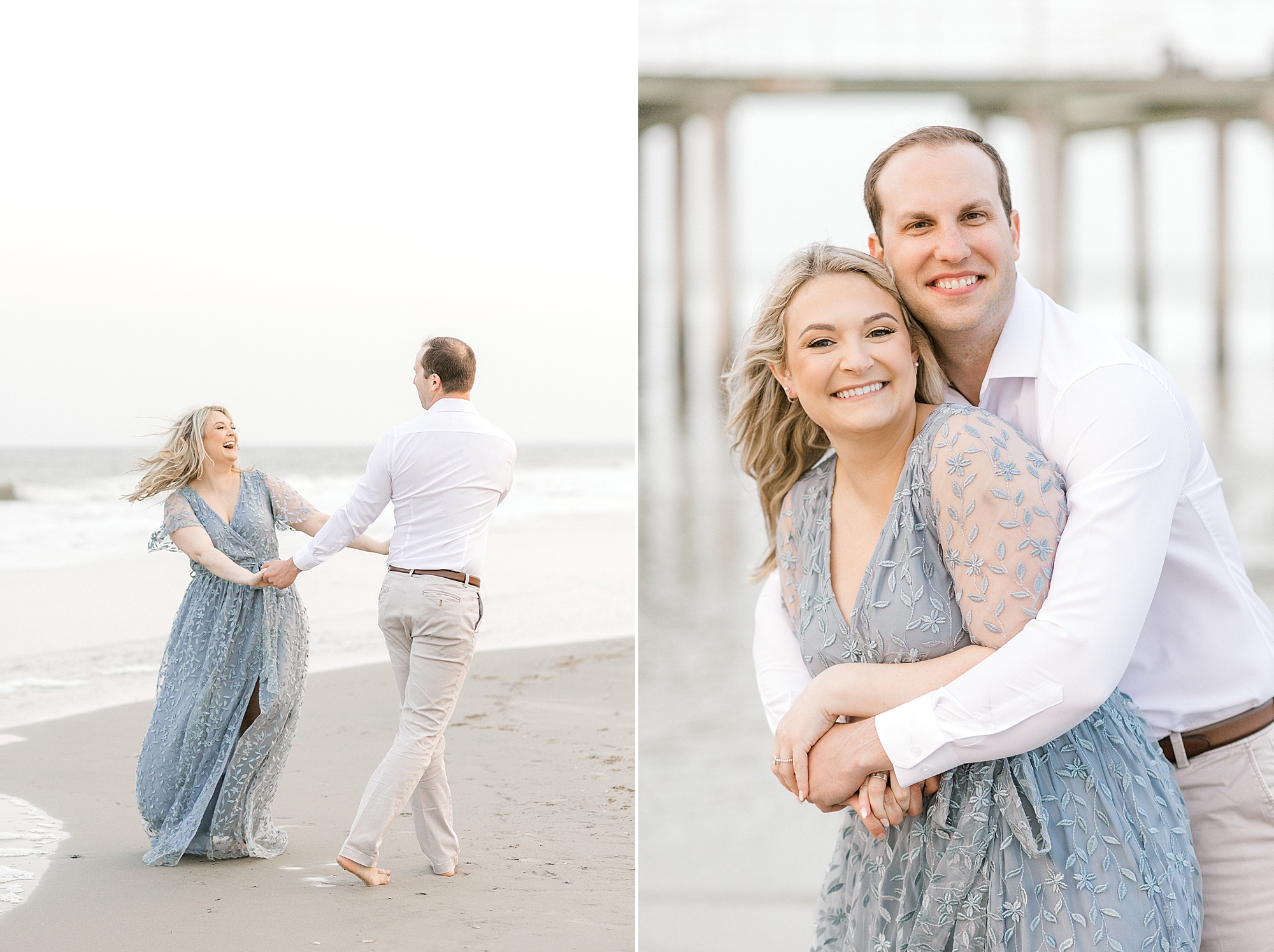 man hugs woman in blue lace dress from behind on beach in New Jersey