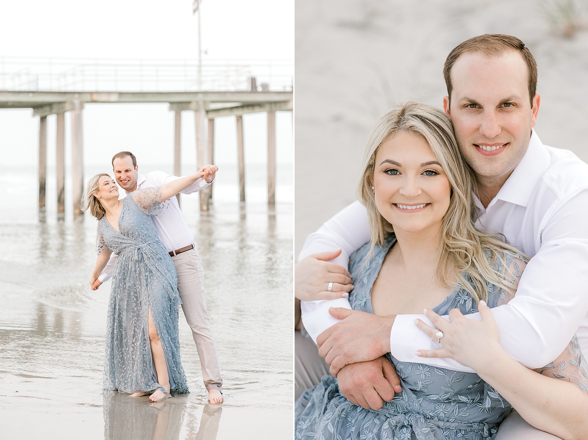 man hugs woman from behind on beach during Ventnor Beach engagement session