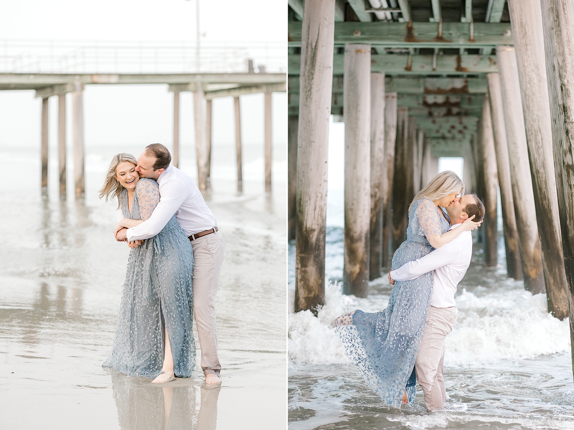 couple hugs and kisses under wooden dock at Ventnor Beach