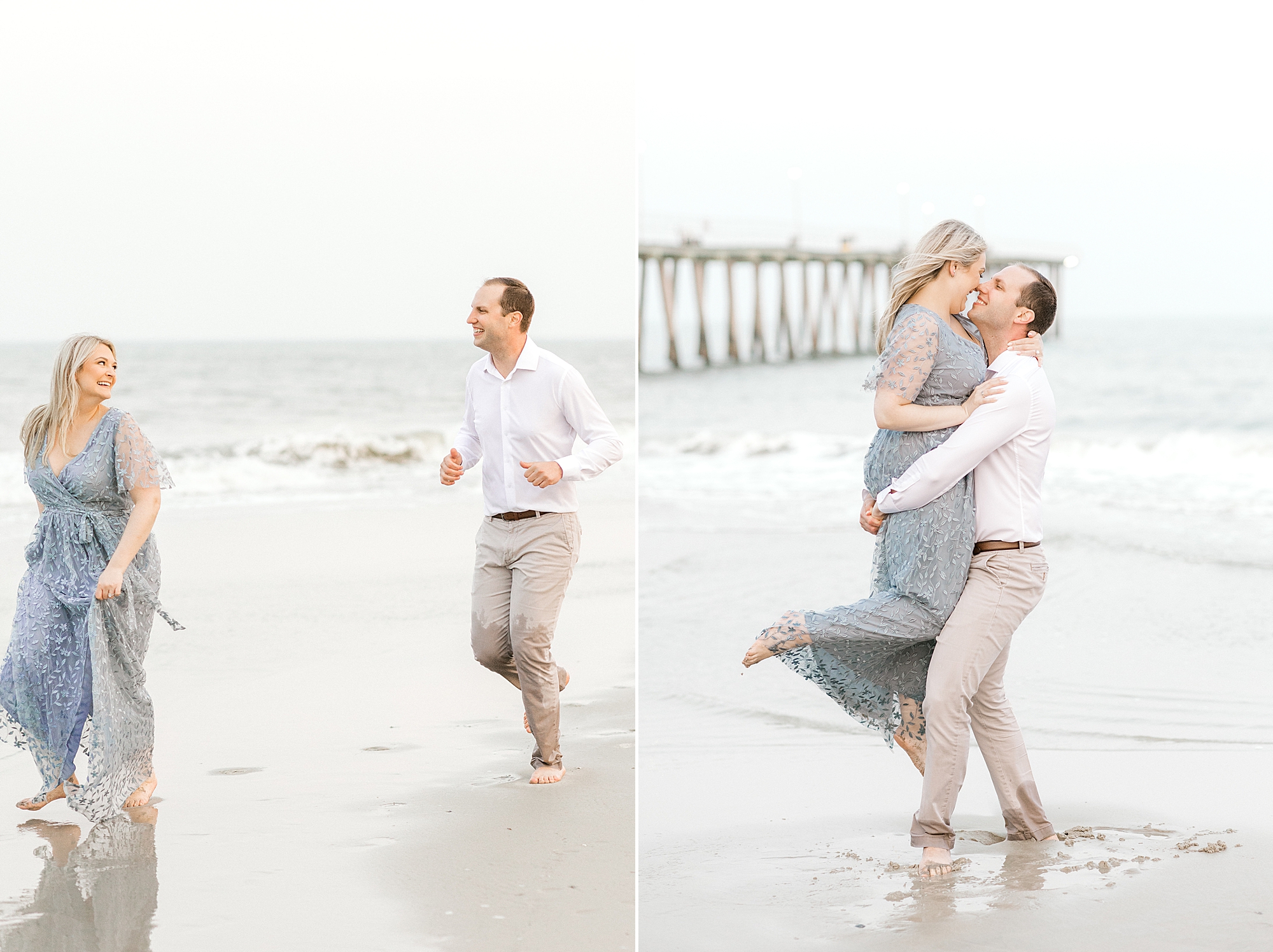 couple runs on beach and man picks up fiancee during Ventnor Beach engagement session