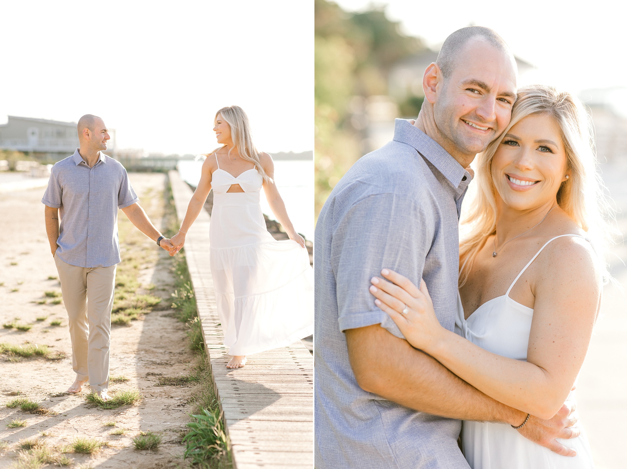 bride and groom hold hands and hug during beach engagement session in New Jersey