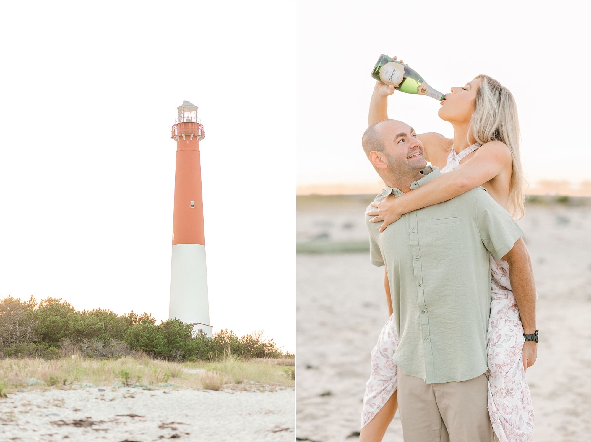 woman drinks champagne from bottle on man's back during Barnegat Lighthouse engagement session