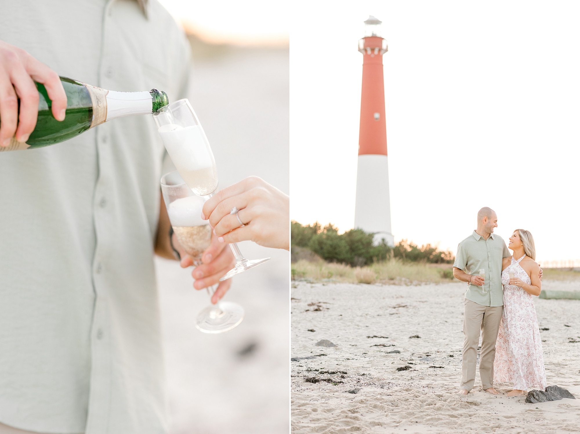 man pours fiancee a glass of champagne during Barnegat Lighthouse engagement session