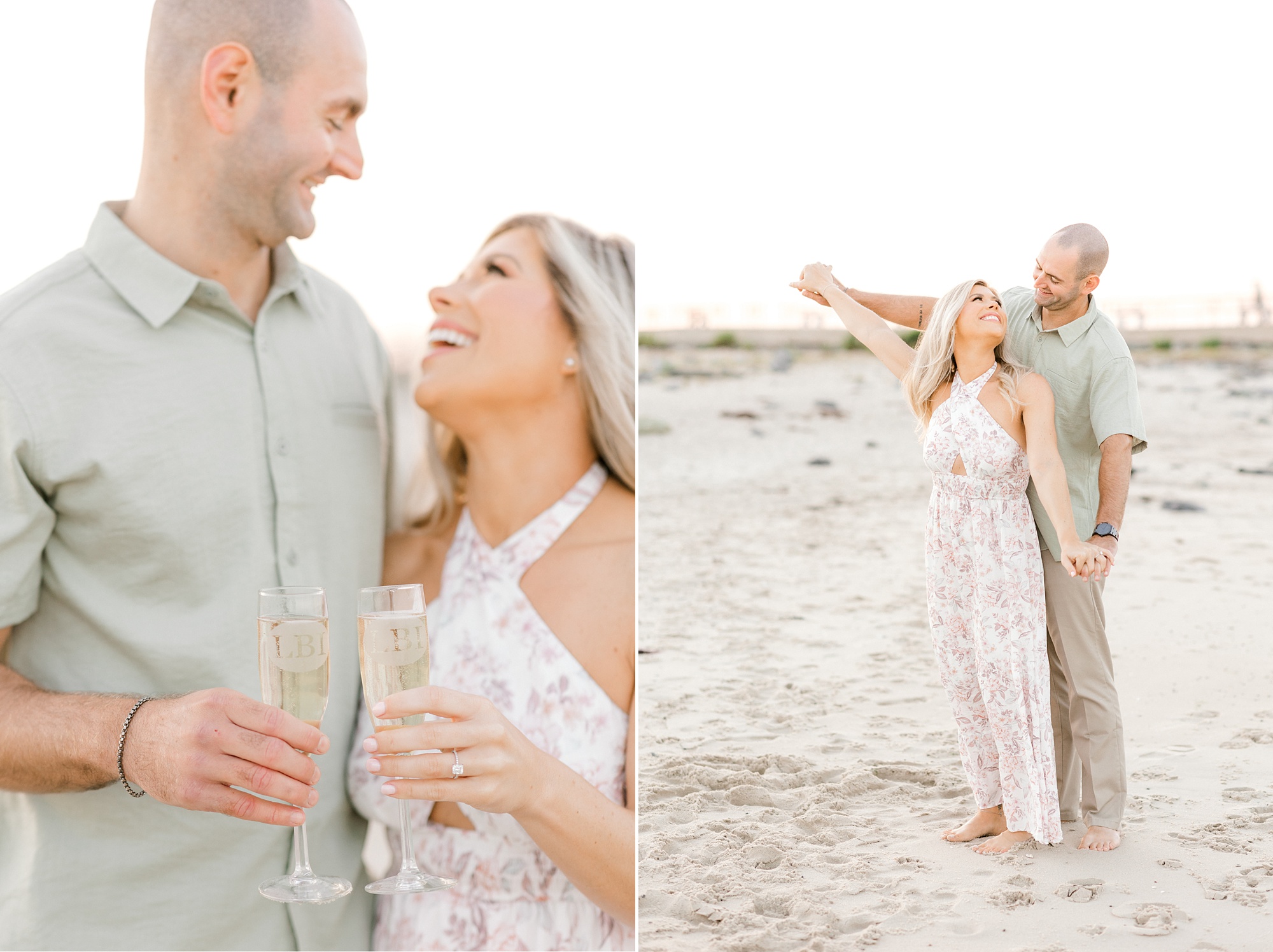 couple holds glasses of champagne on beach during Long Beach Island engagement session