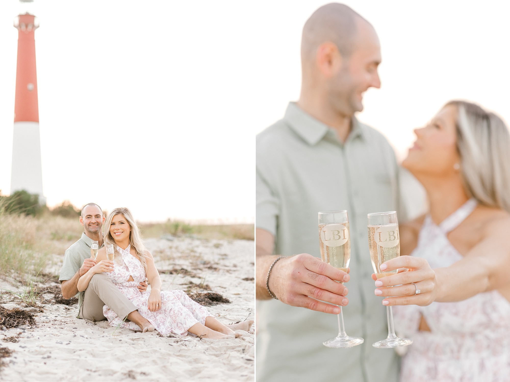 engaged couple hugs smiling together showing off LBI champagne glasses near Barnegat Lighthouse