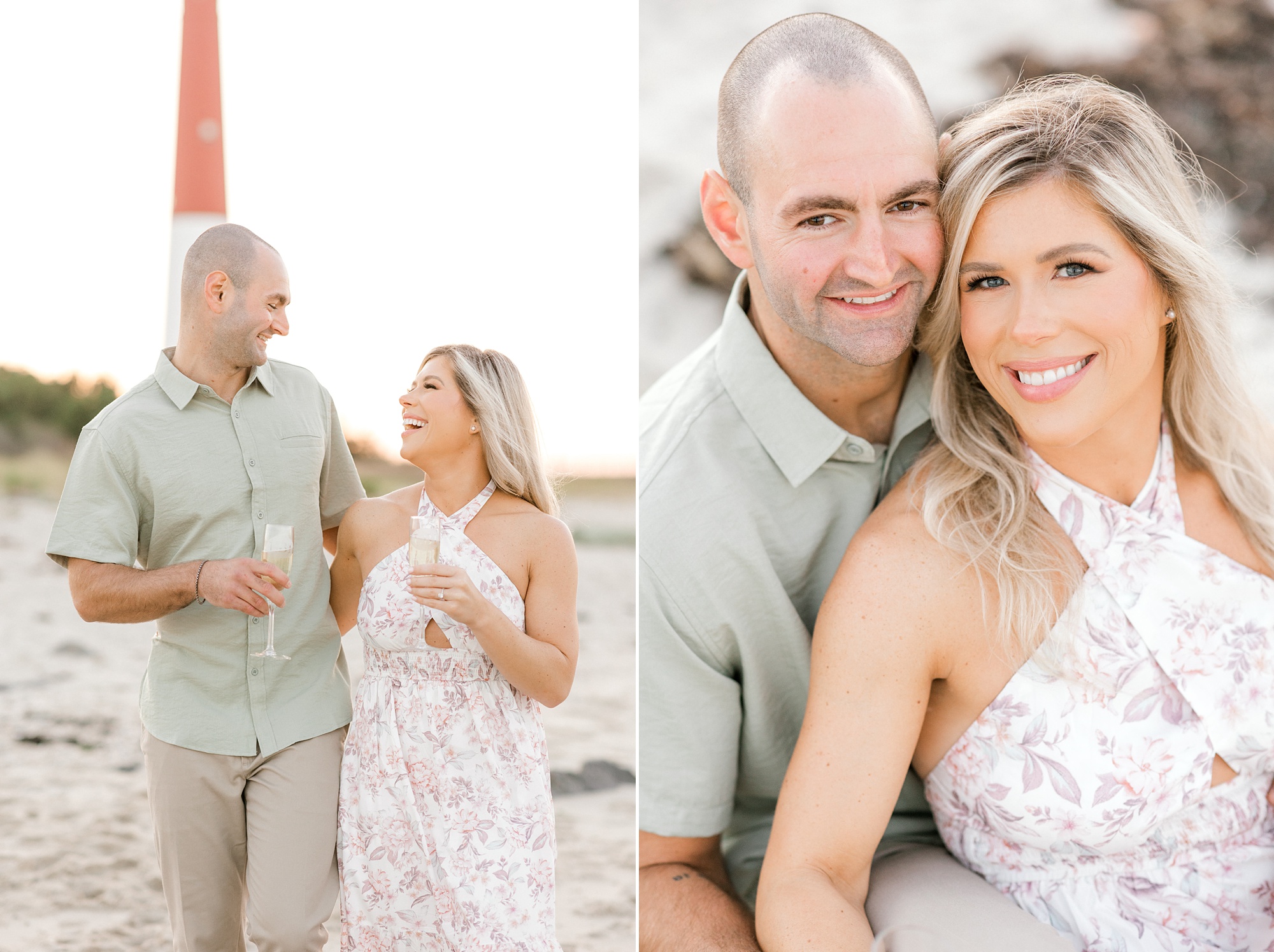engaged couple laughs and walks near Barnegat Lighthouse with champagne