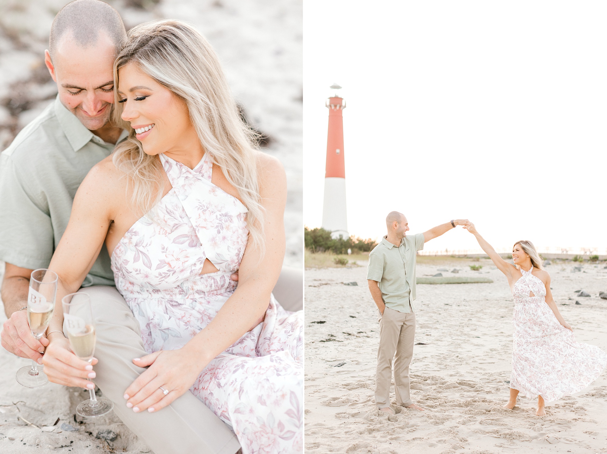 man twirls woman in front of Barnegat Lighthouse on the beach