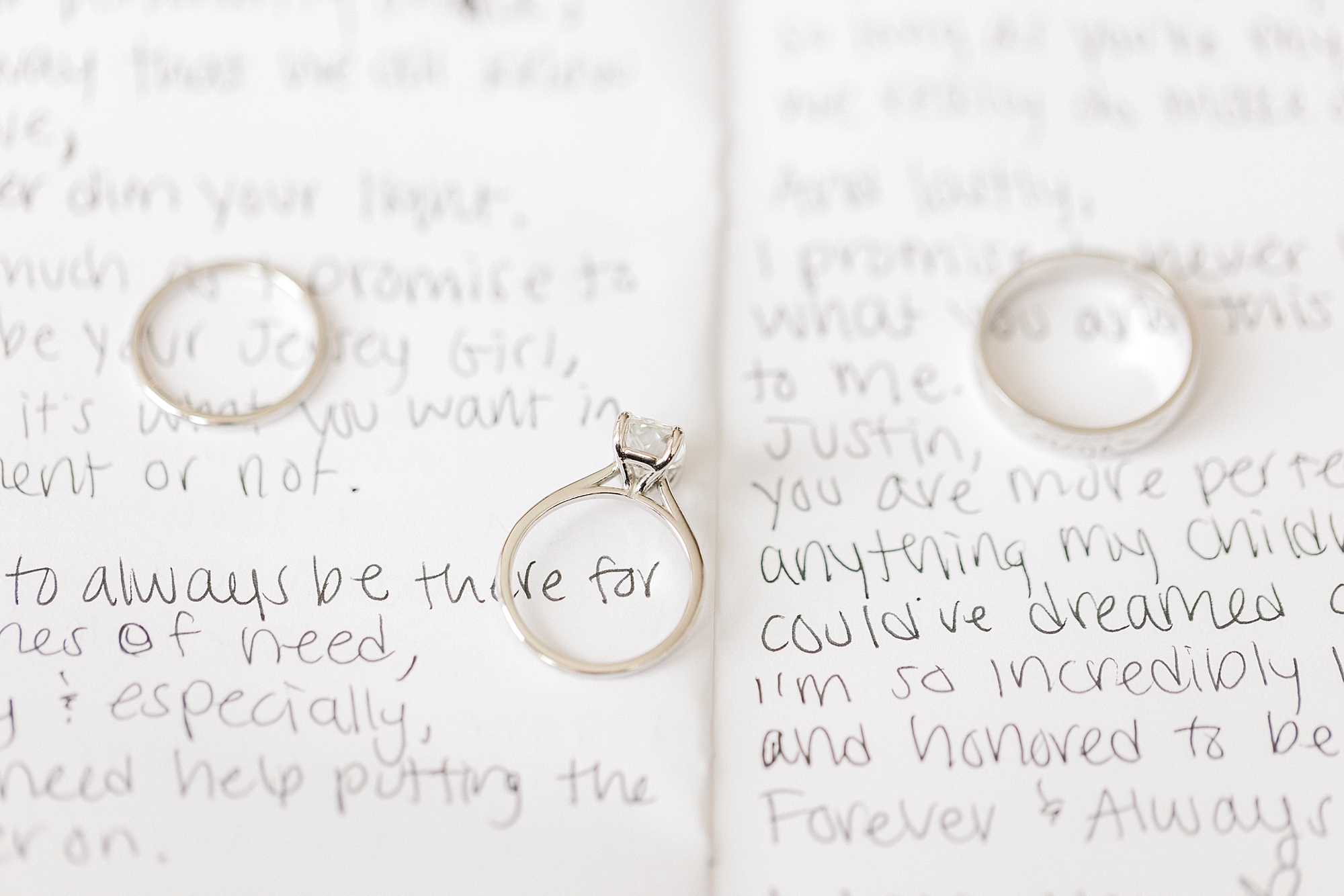 wedding rings rest on handwritten vow booklet